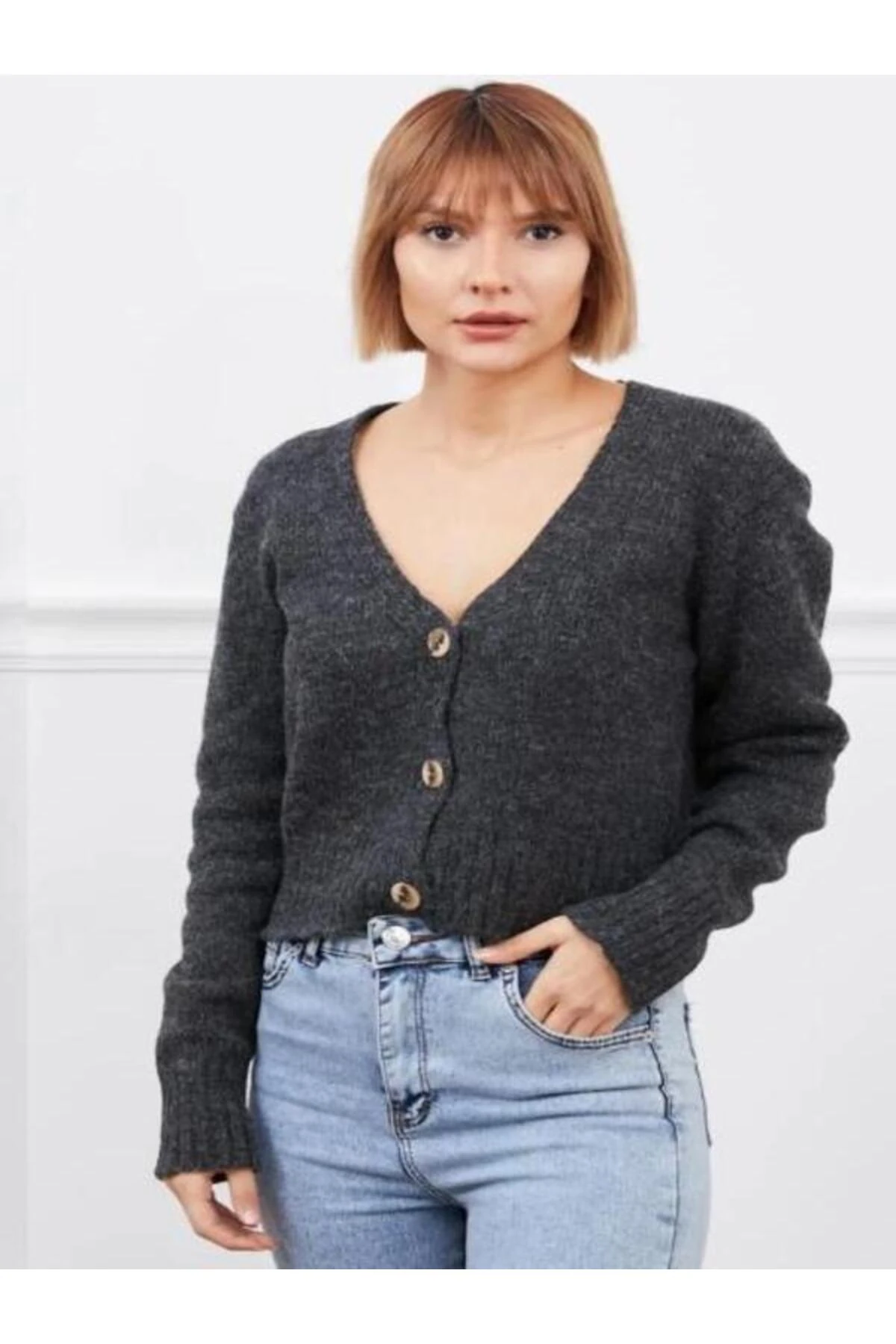 Kadın V Yaka Örgü Crop Hırka Füme