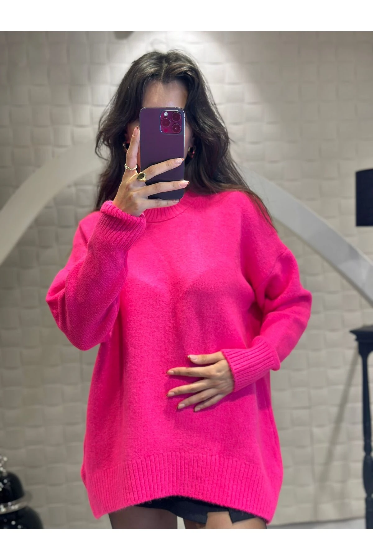 Fuşya V Yaka Oversize Triko Kazak