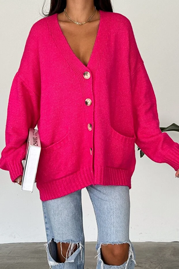 Düşük Omuz Oversize Triko Hırka Fuşya