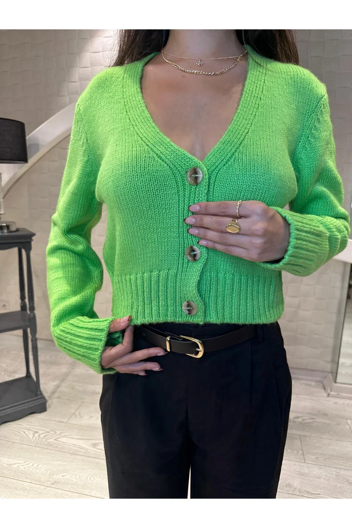 Kadın V Yaka Örgü Crop Hırka Fıstık Yeşili