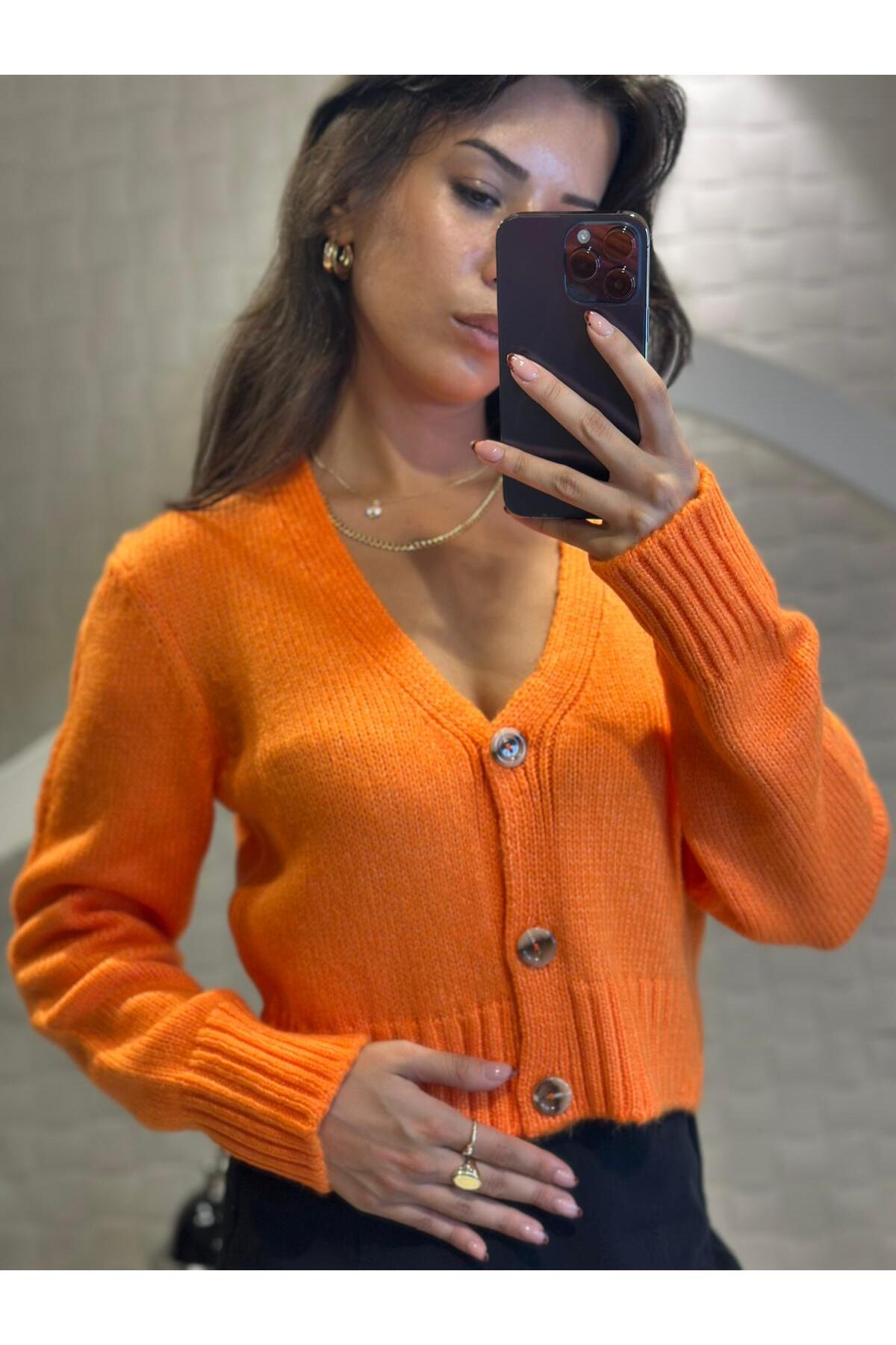 Kadın V Yaka Örgü Crop Hırka Orange