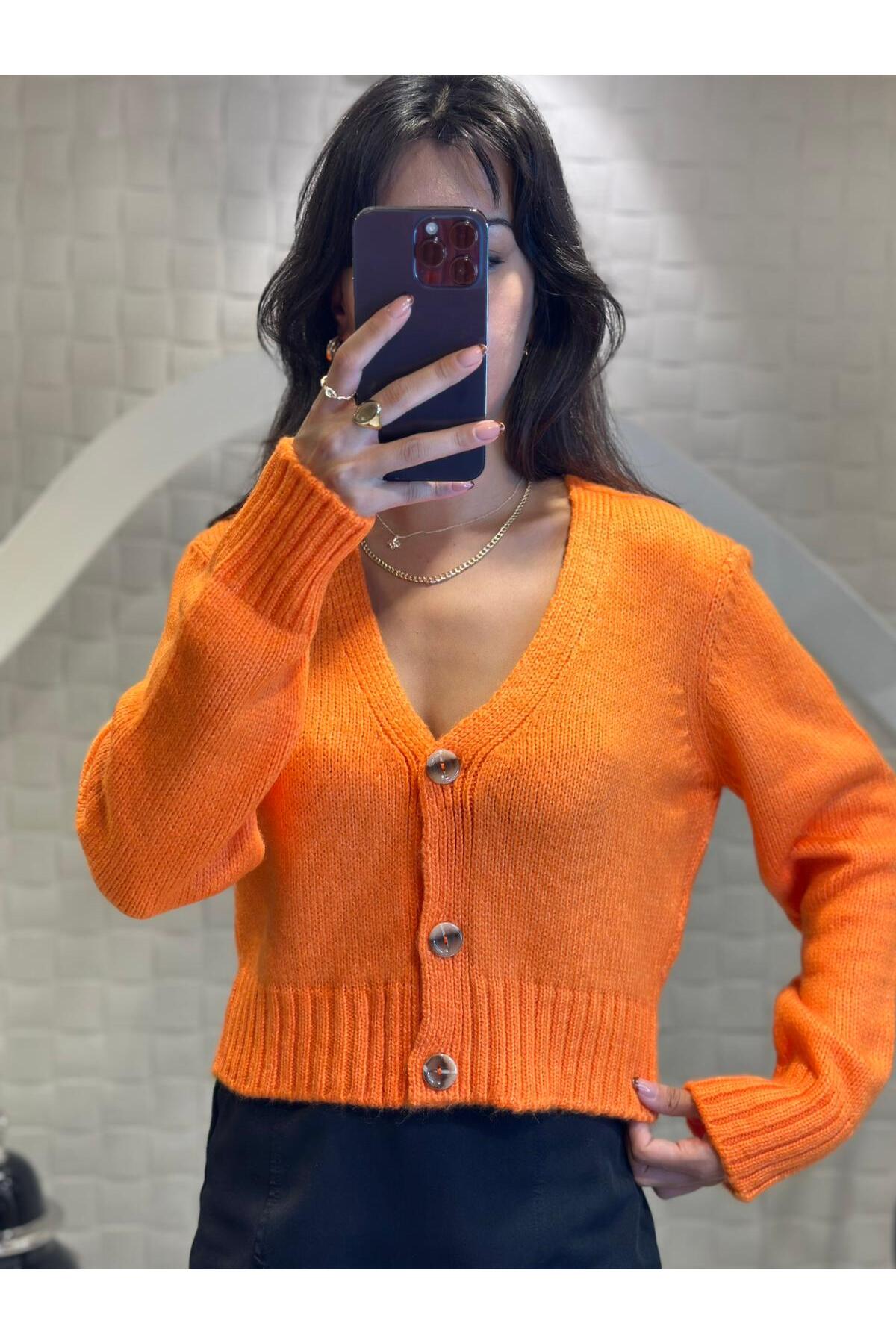 Kadın V Yaka Örgü Crop Hırka Orange