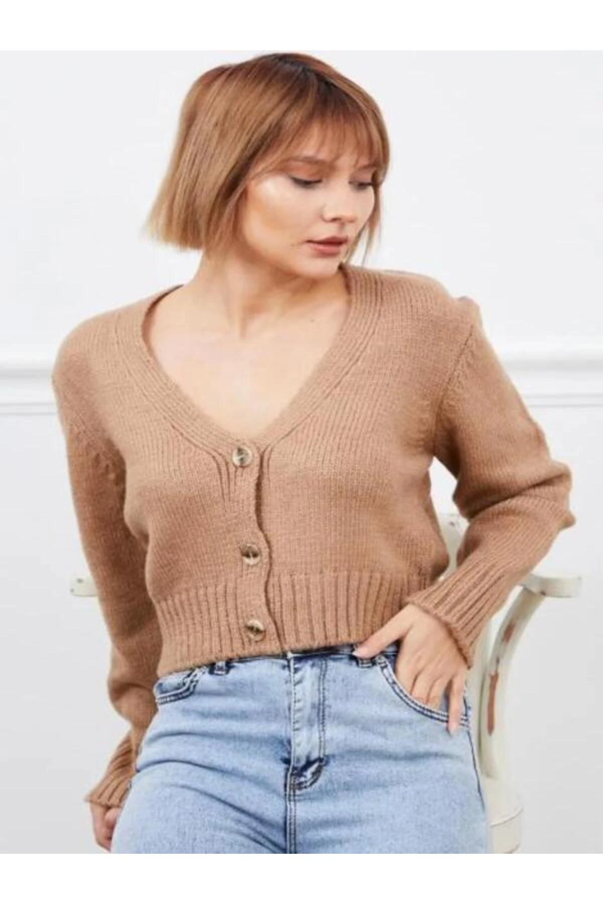 Kadın V Yaka Örgü Crop Hırka Kahve