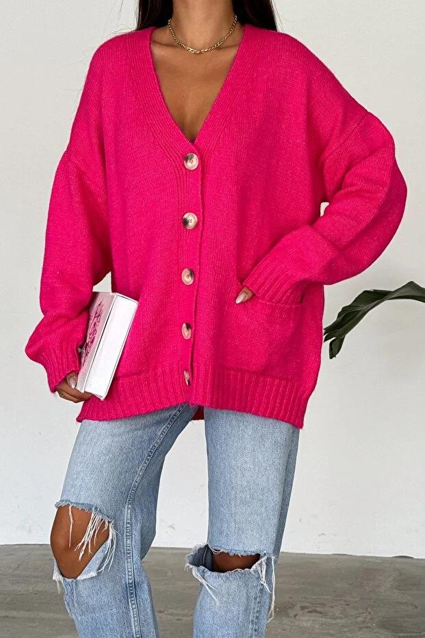 Düşük Omuz Oversize Triko Hırka Fuşya