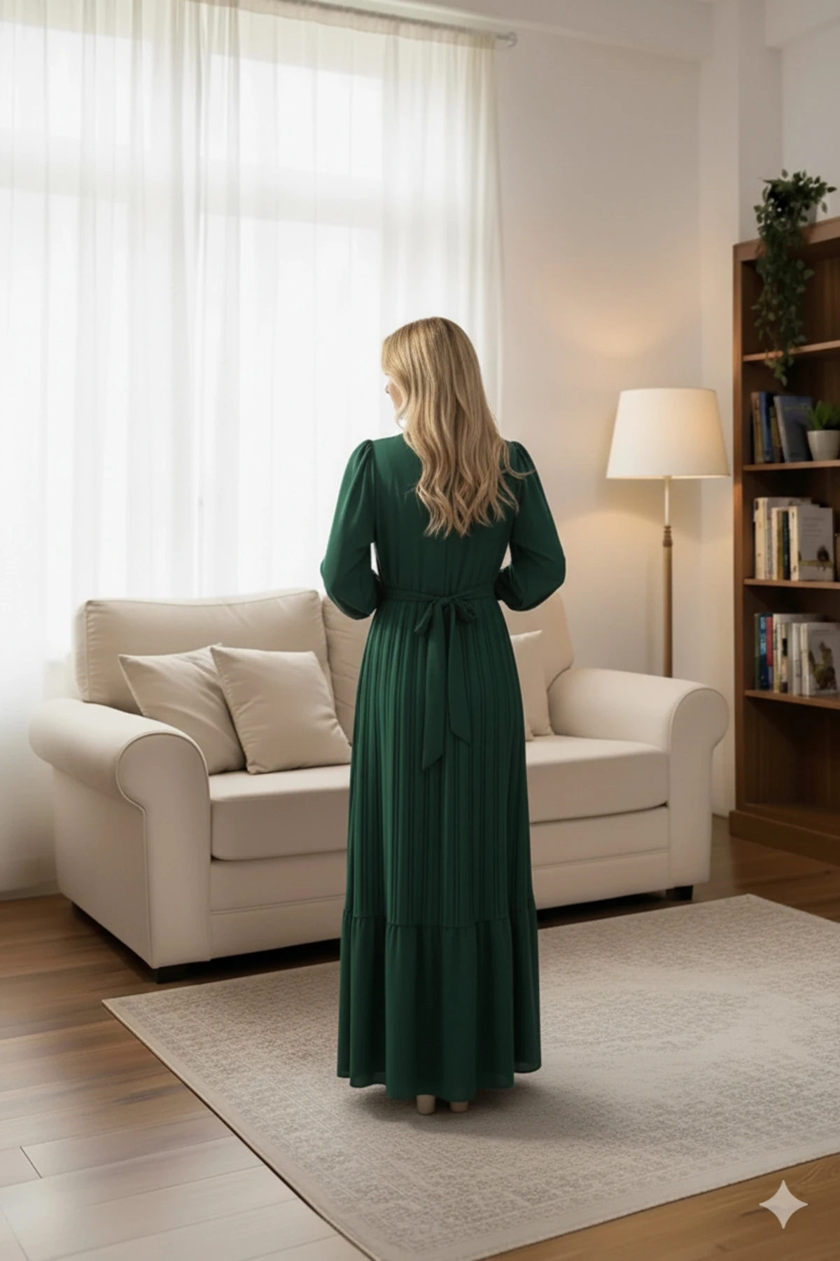 Zümrüt Piliseli Şifon Tesettür Elbise