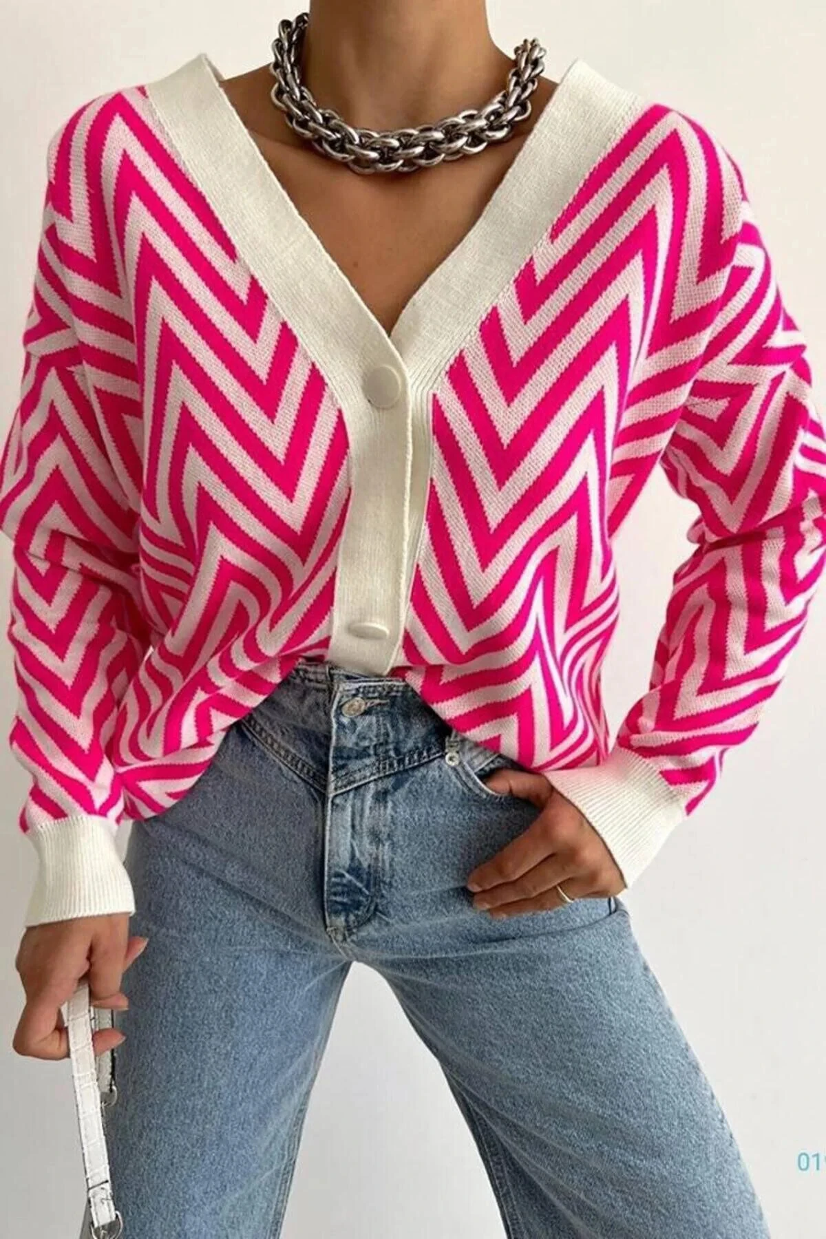 Triko Hırka Fuşya Çizgi detay