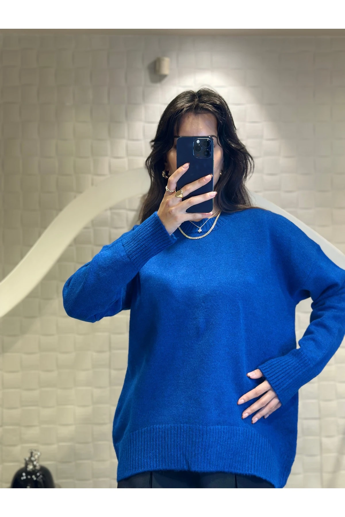 Mavi Bisiklet Yaka Salaş Triko Kazak