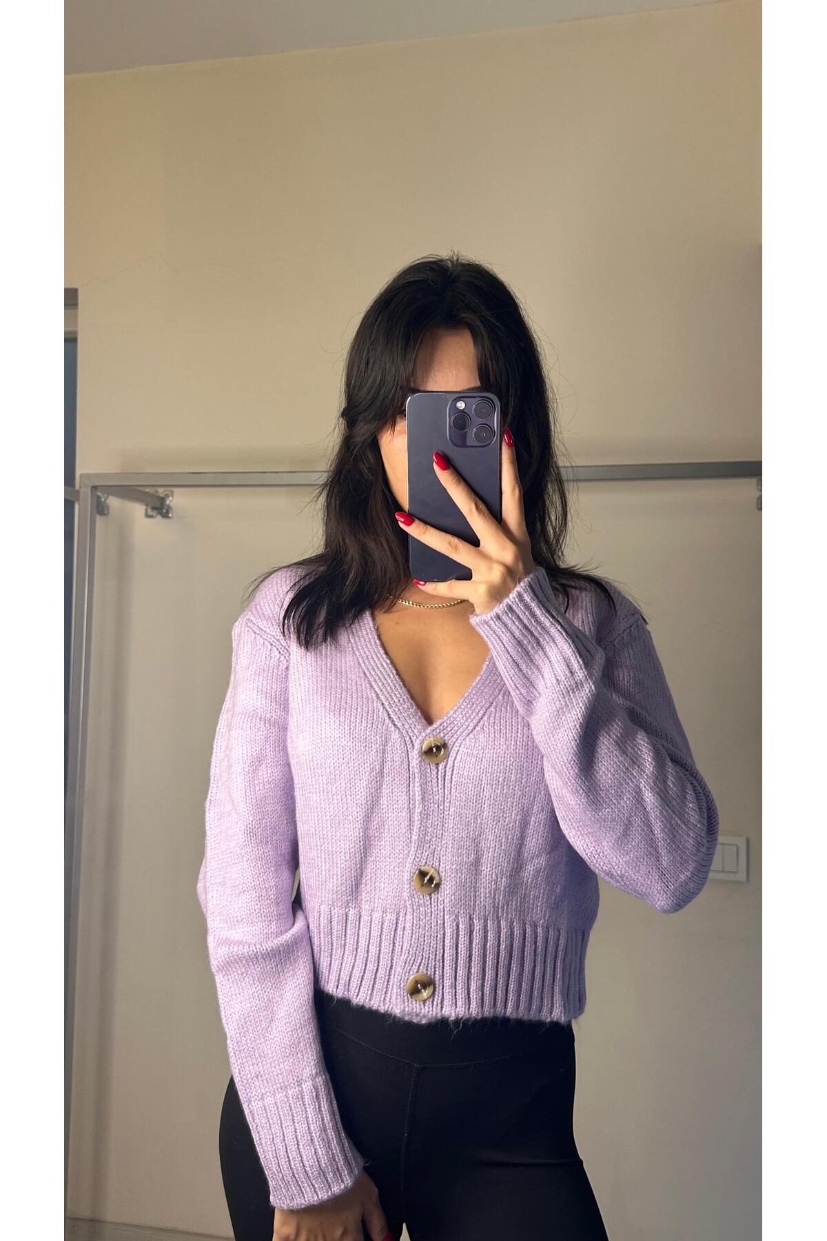 Kadın V Yaka Örgü Crop Hırka Lila