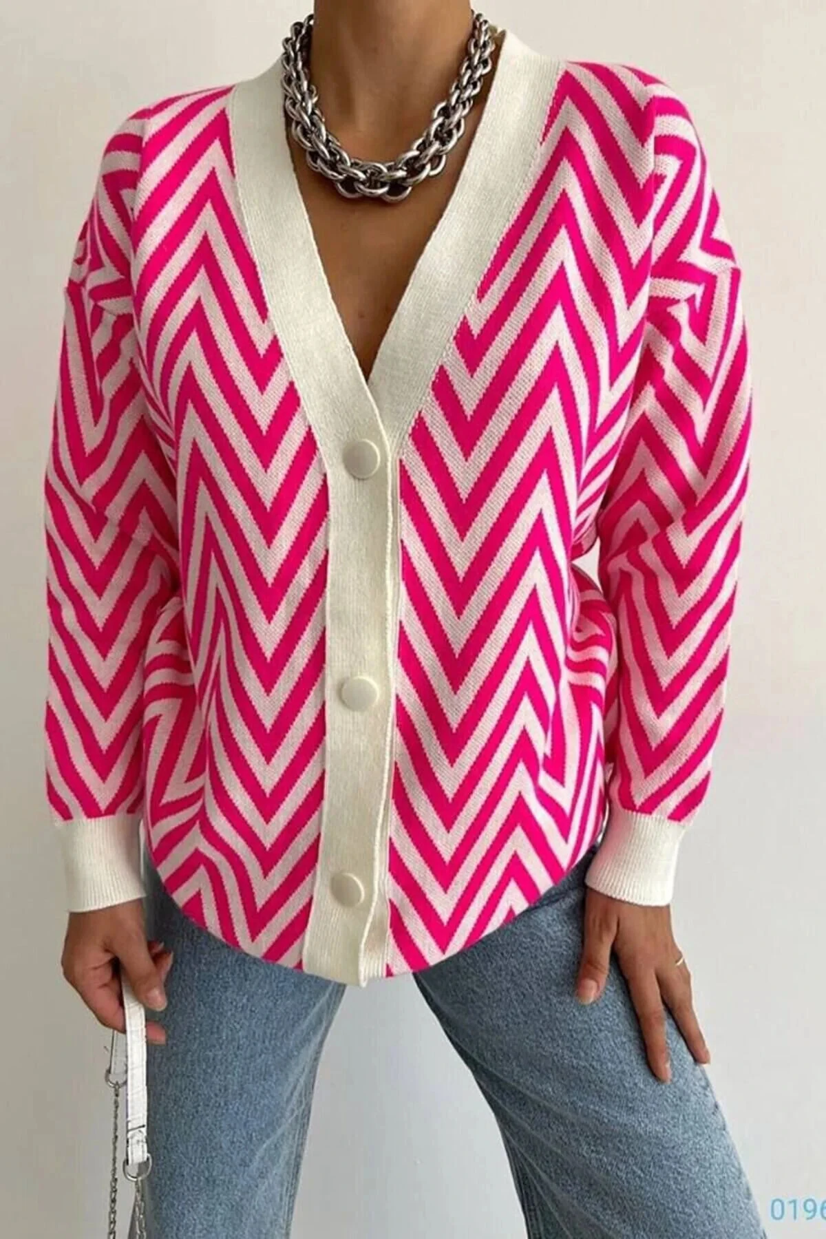 Triko Hırka Fuşya Çizgi detay