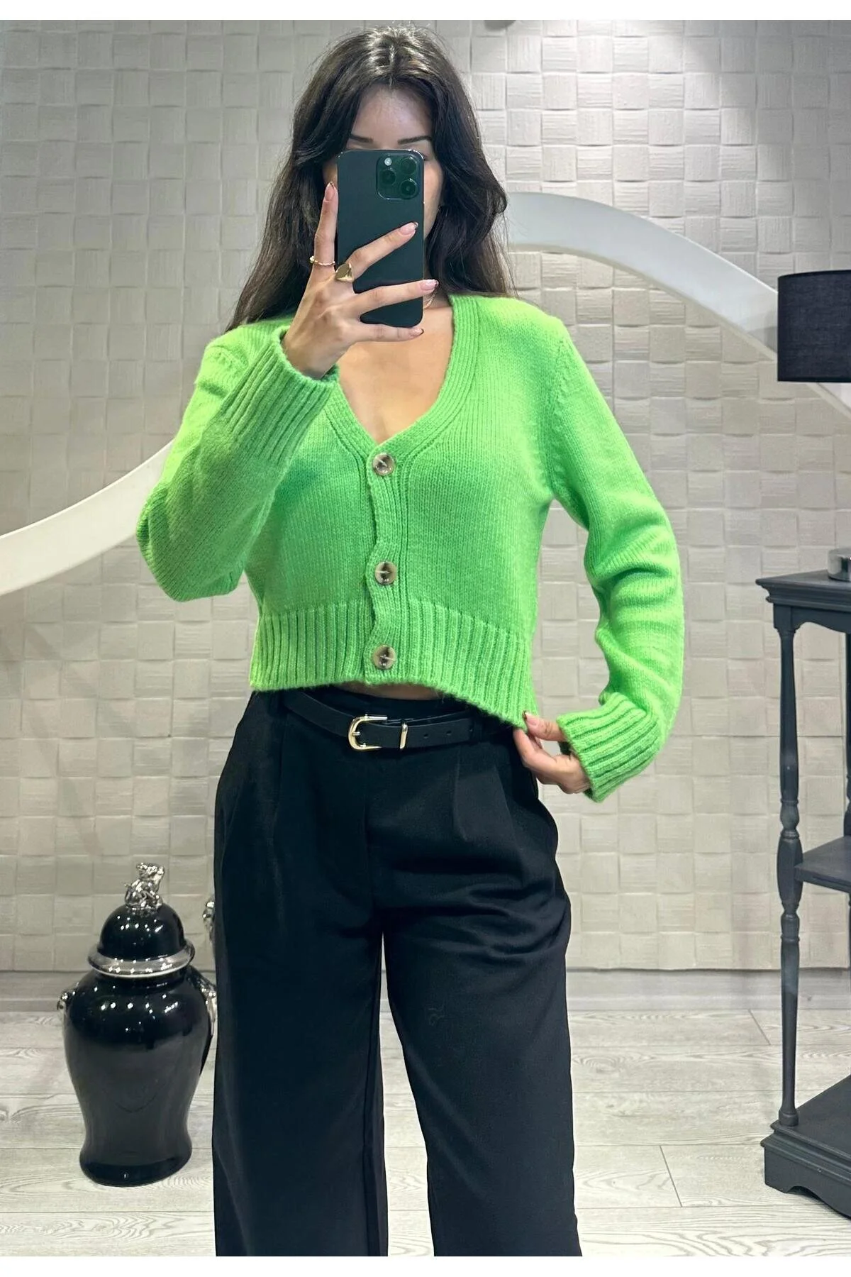 Kadın V Yaka Örgü Crop Hırka Fıstık Yeşili