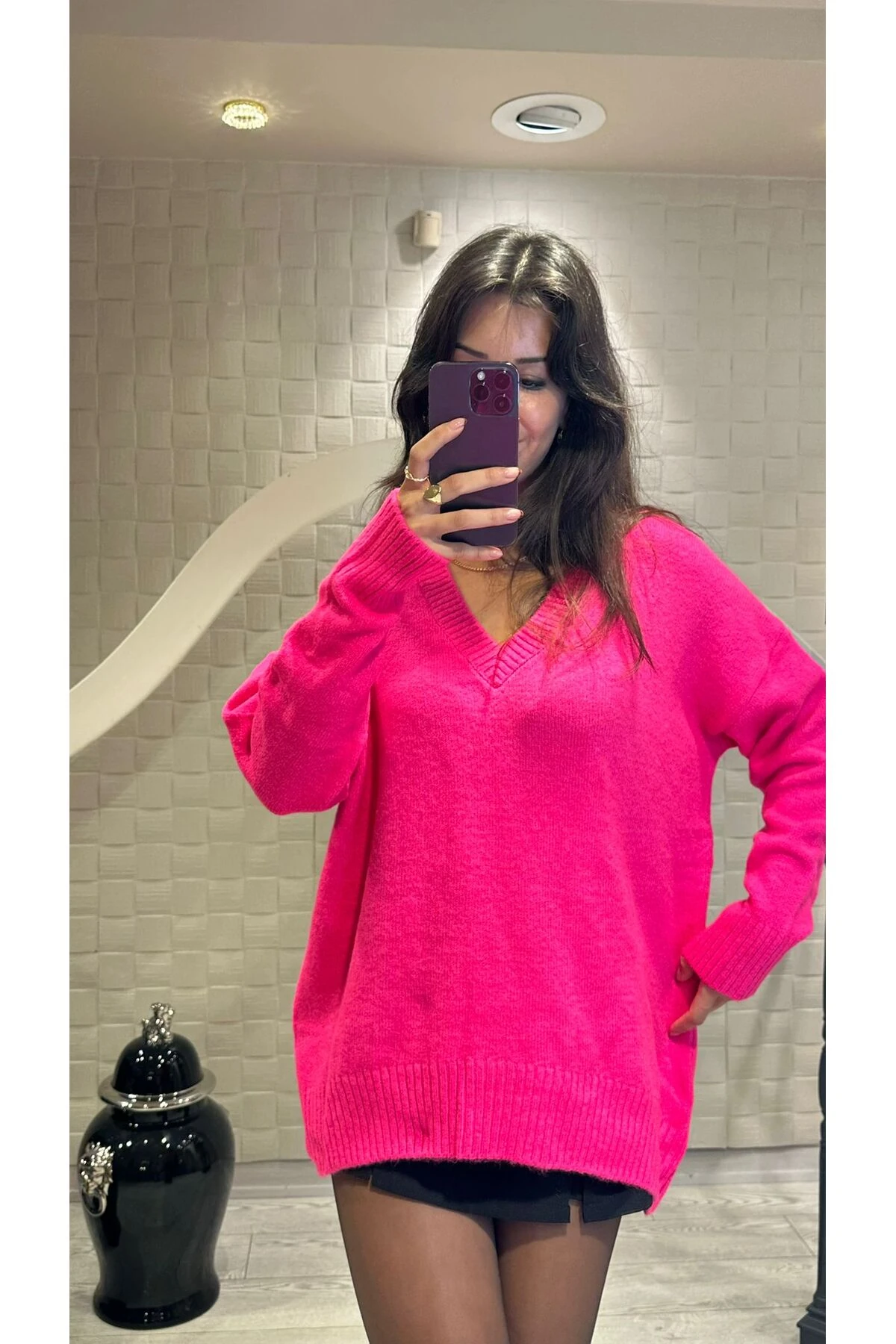 Fuşya V Yaka Oversize Triko Kazak