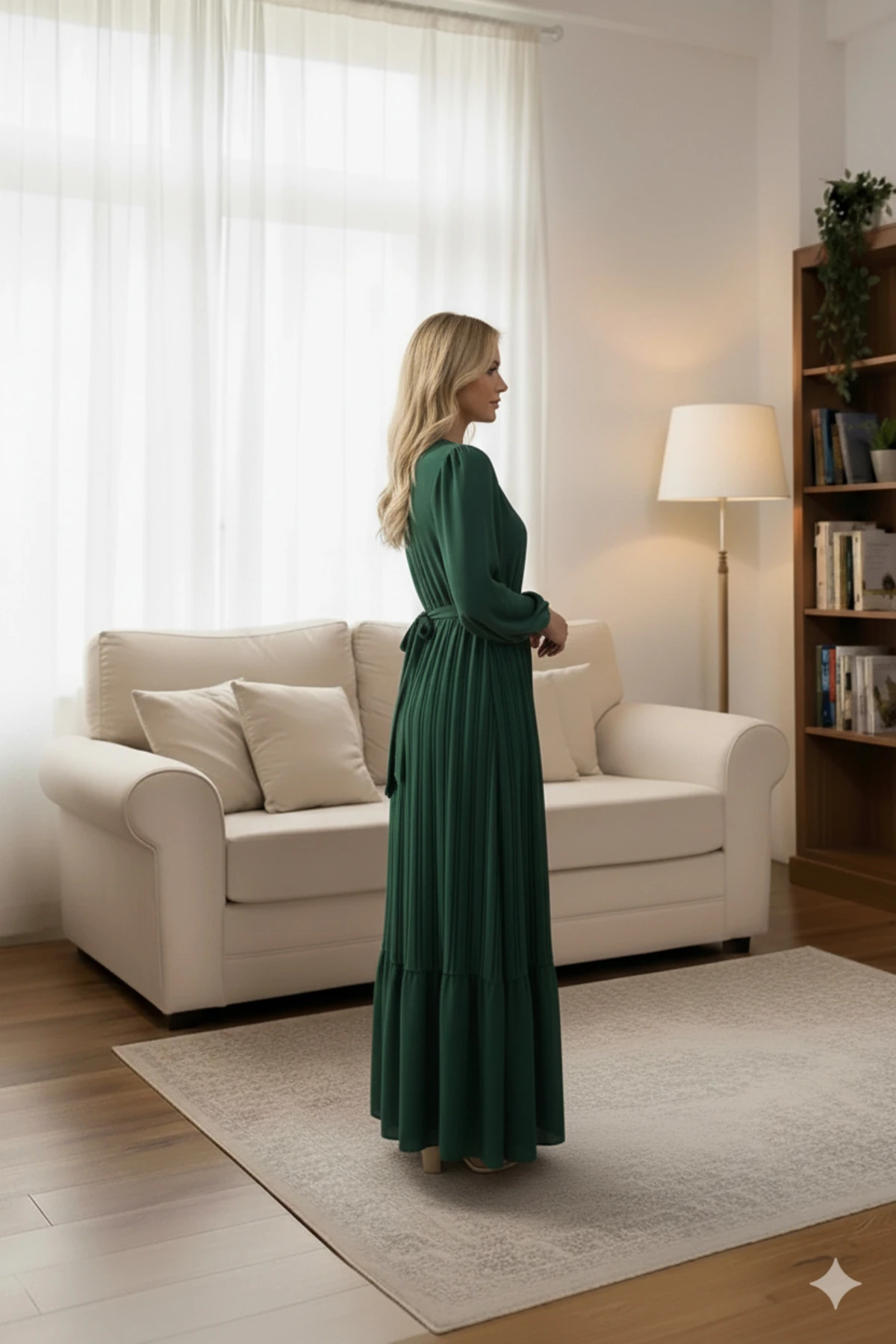 Zümrüt Piliseli Şifon Tesettür Elbise