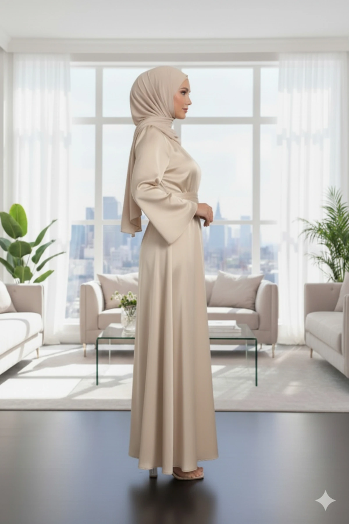 Krem Çapraz Bağlamalı Yakası Ve Beli Büzgülü Saten Tesettür Elbise