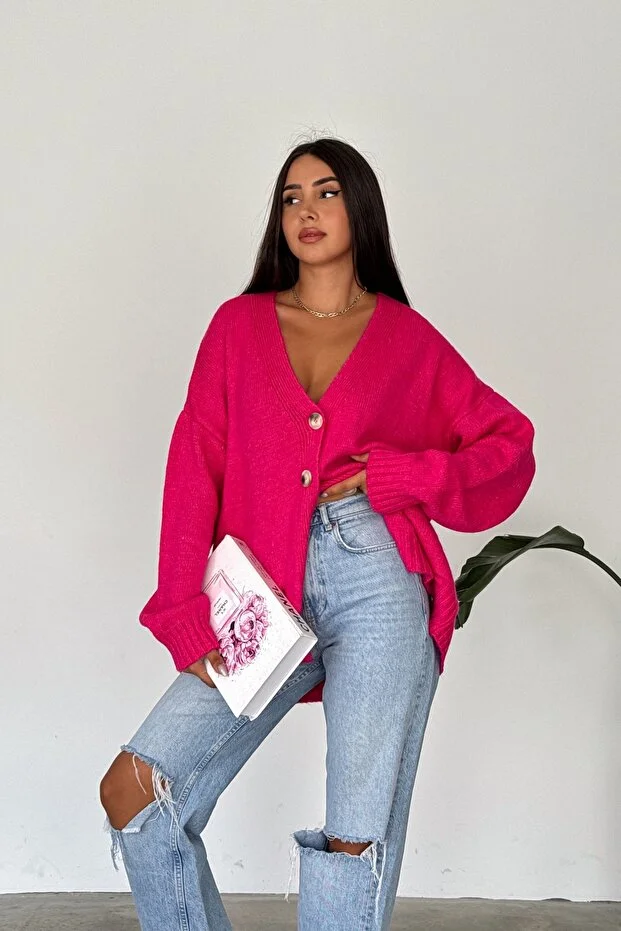 Düşük Omuz Oversize Triko Hırka Fuşya