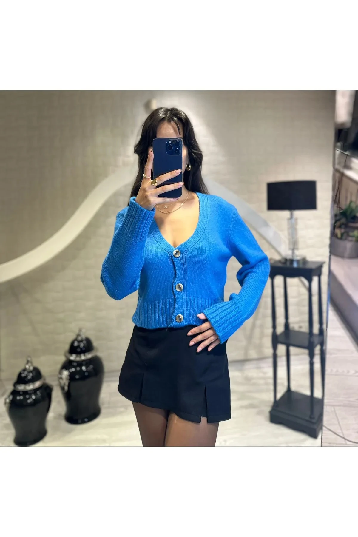 Kadın V Yaka Örgü Crop Hırka Mavi