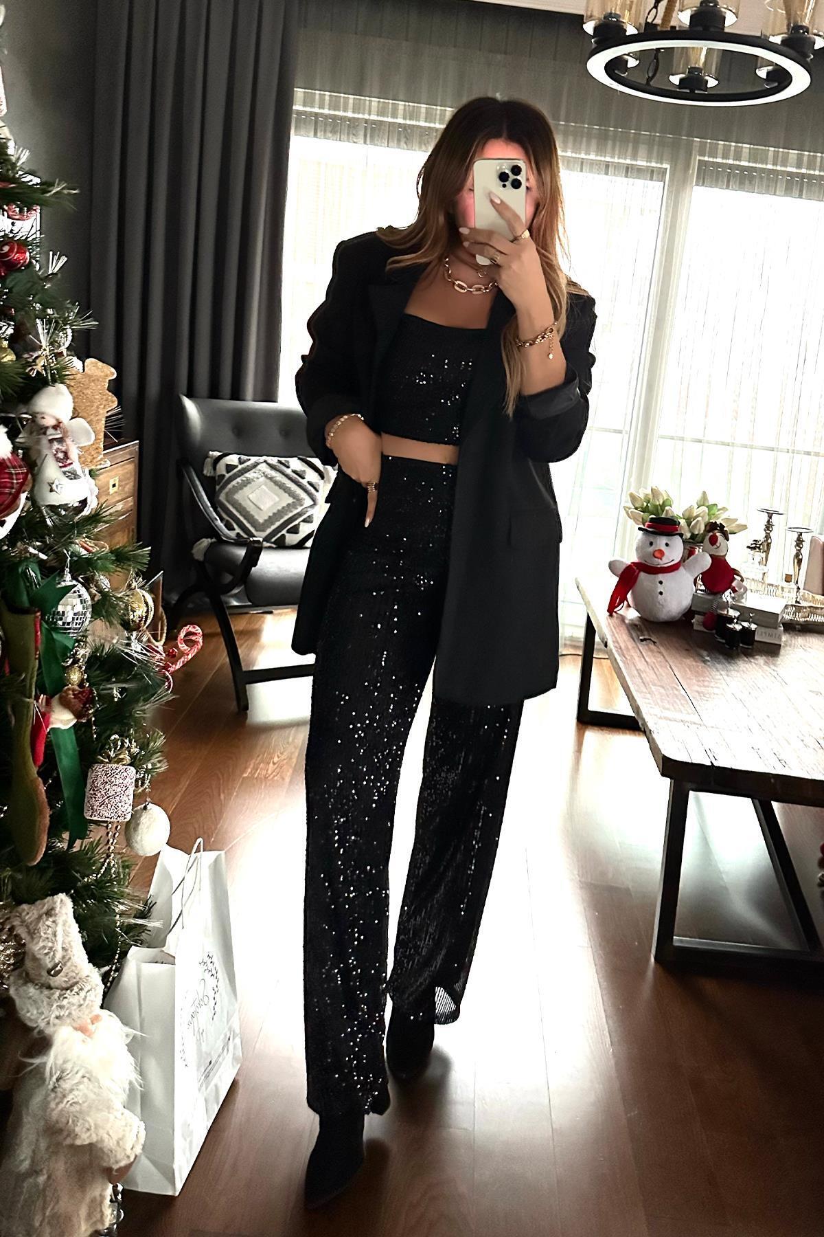 Payetli Bol Paça Pantolon Siyah