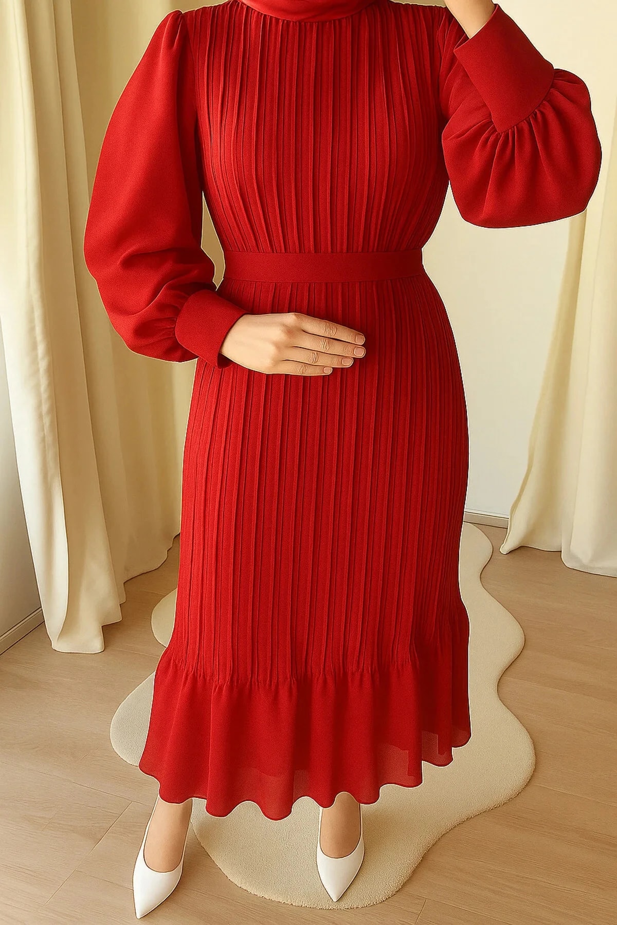 Kırmızı Piliseli Şifon Abiye Elbise