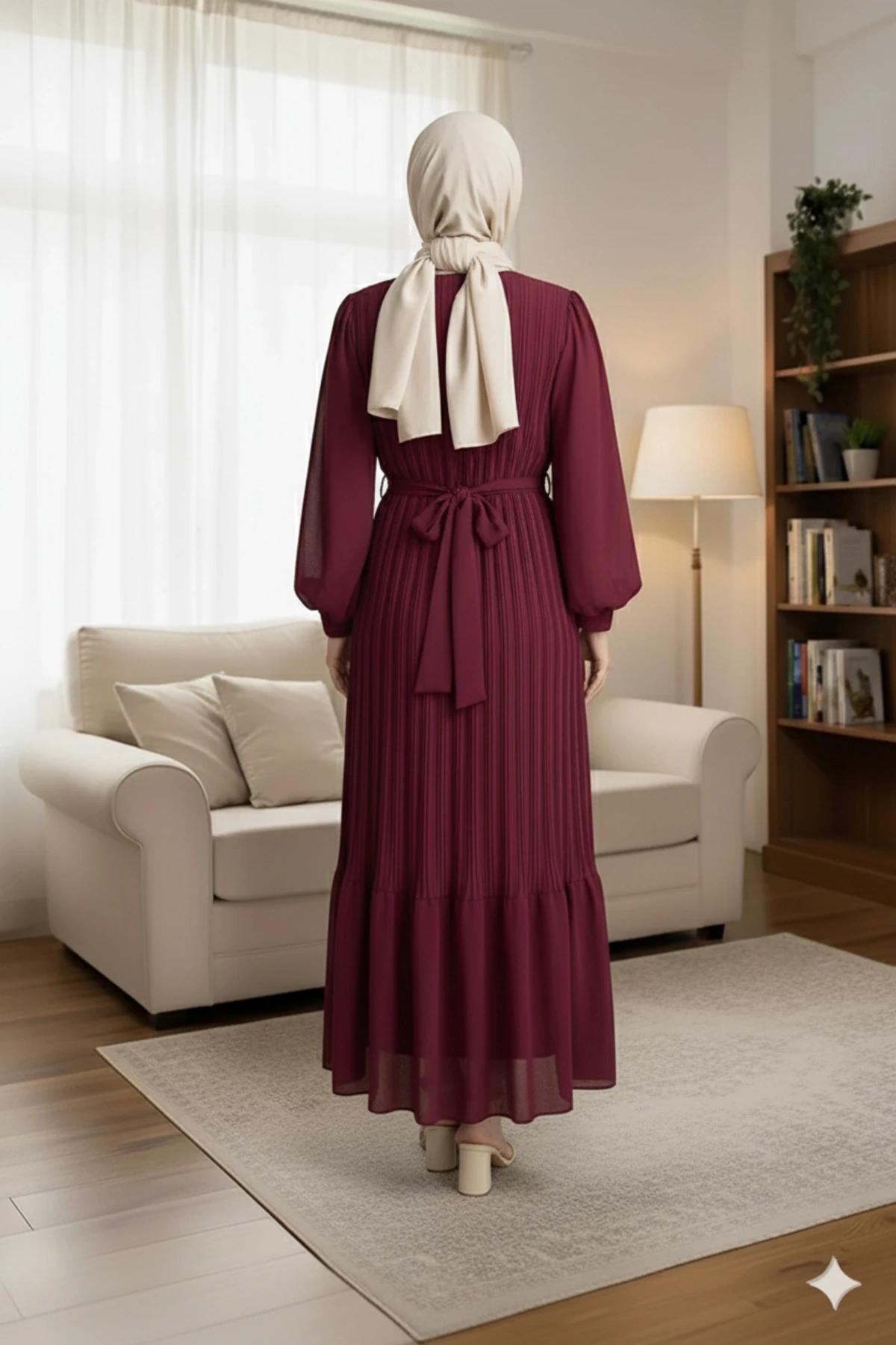 Bordo piliseli Şifon Tesettür Elbise