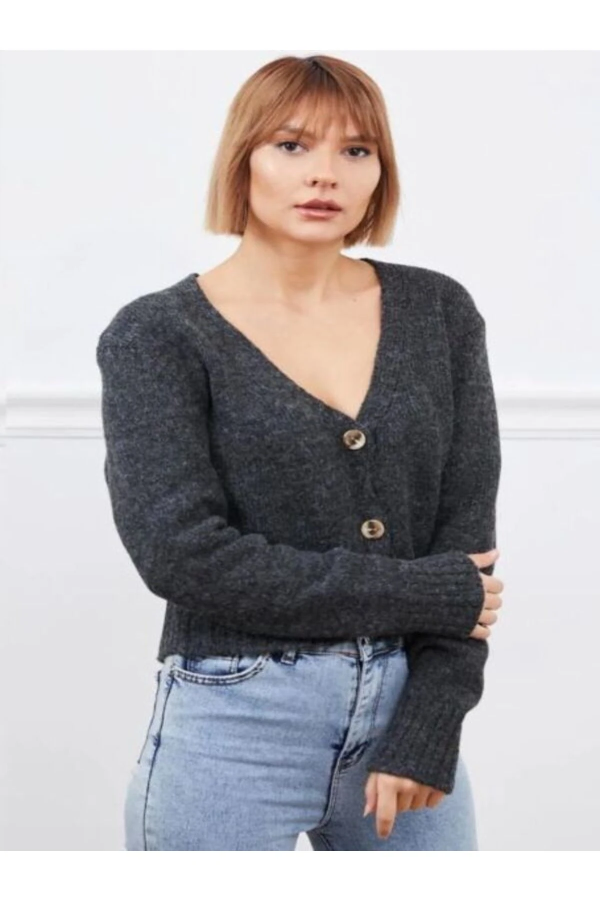 Kadın V Yaka Örgü Crop Hırka Füme