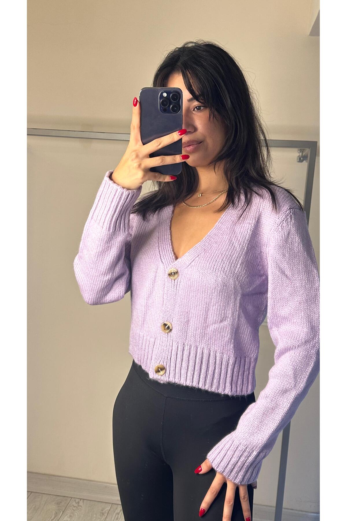 Kadın V Yaka Örgü Crop Hırka Lila