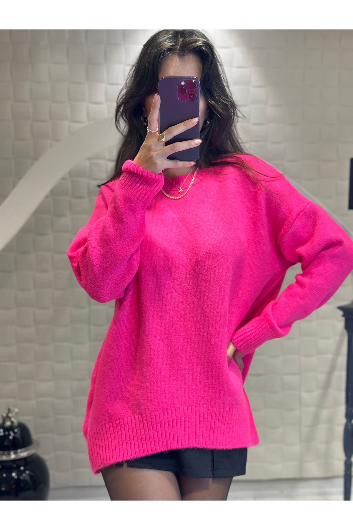 Fuşya V Yaka Oversize Triko Kazak