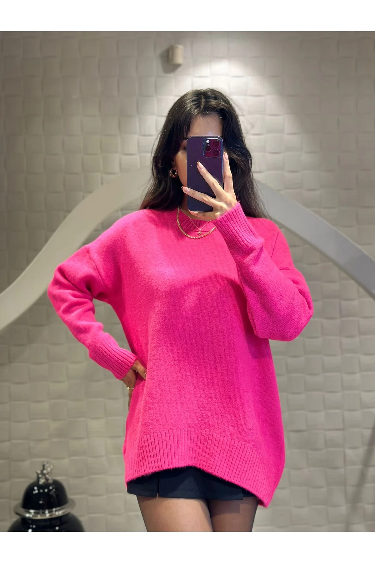 Fuşya V Yaka Oversize Triko Kazak