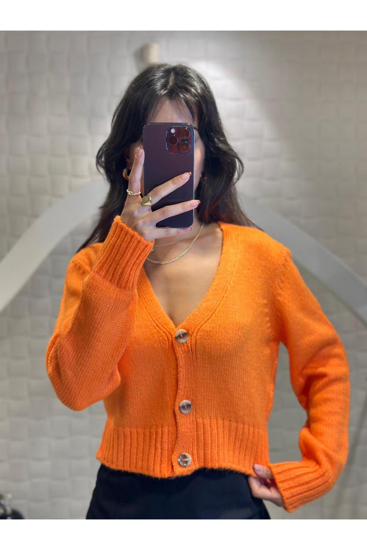 Kadın V Yaka Örgü Crop Hırka Orange