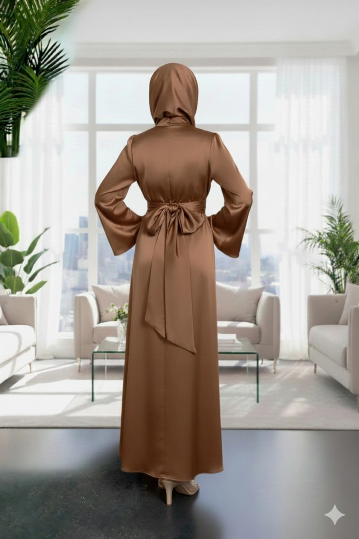 Kahve Çapraz Bağlamalı Yakası Ve Beli Büzgülü Saten Tesettür Elbise