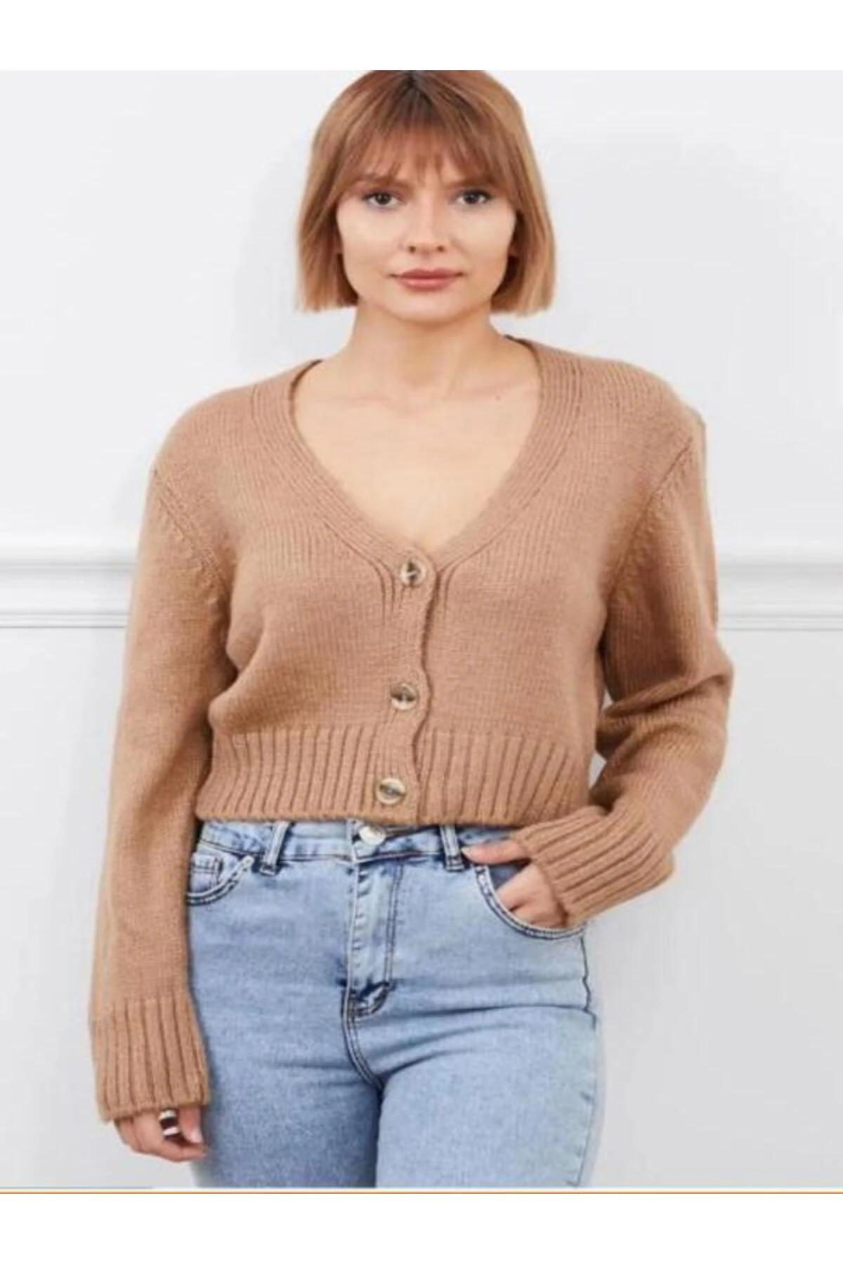 Kadın V Yaka Örgü Crop Hırka Kahve