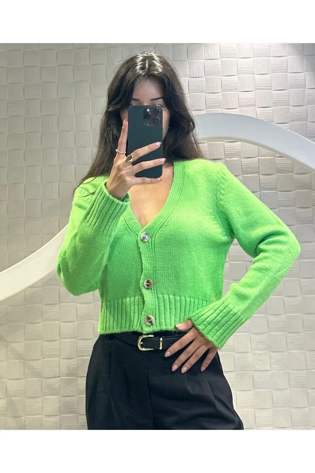 Kadın V Yaka Örgü Crop Hırka Fıstık Yeşili