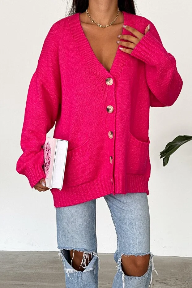 Düşük Omuz Oversize Triko Hırka Fuşya