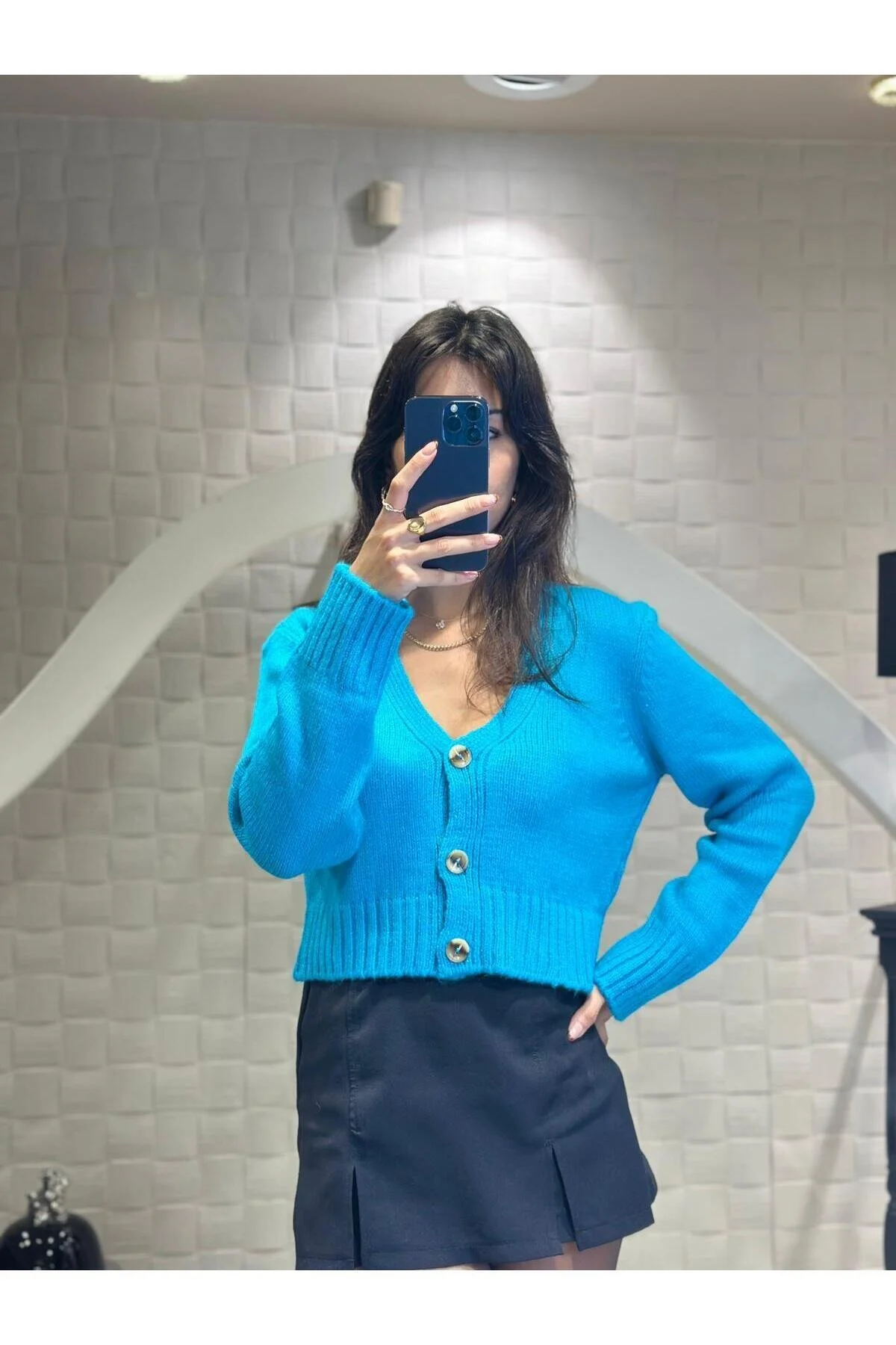 Kadın V Yaka Örgü Crop Hırka Turkuaz