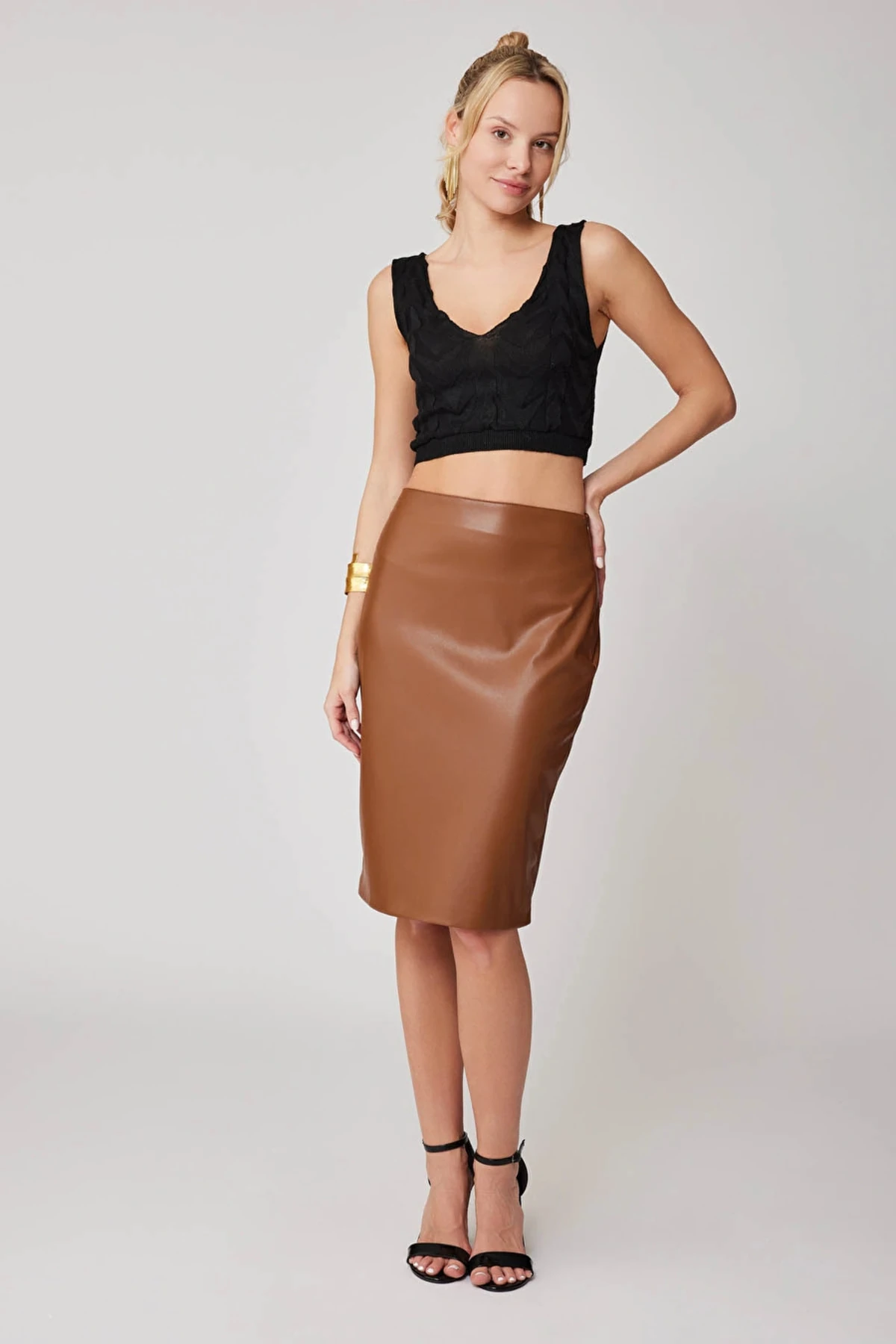 Kadın Kahverengi Arkası Yırtmaçlı şardonlu Deri Kalem Etek