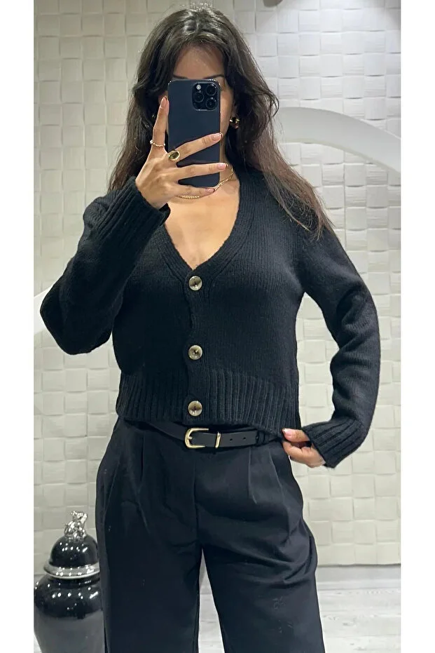Kadın V Yaka Örgü Crop Hırka Siyah