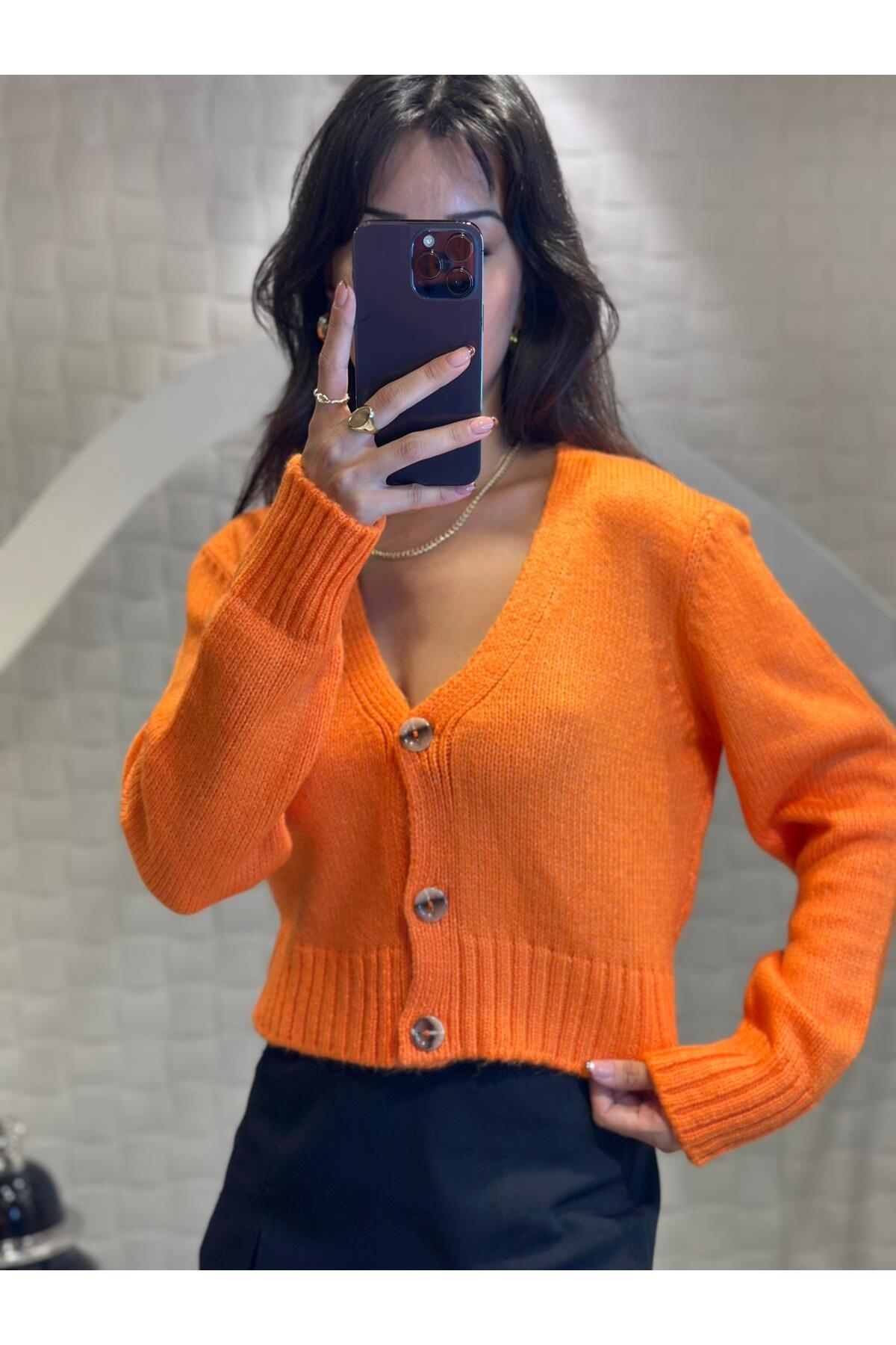 Kadın V Yaka Örgü Crop Hırka Orange