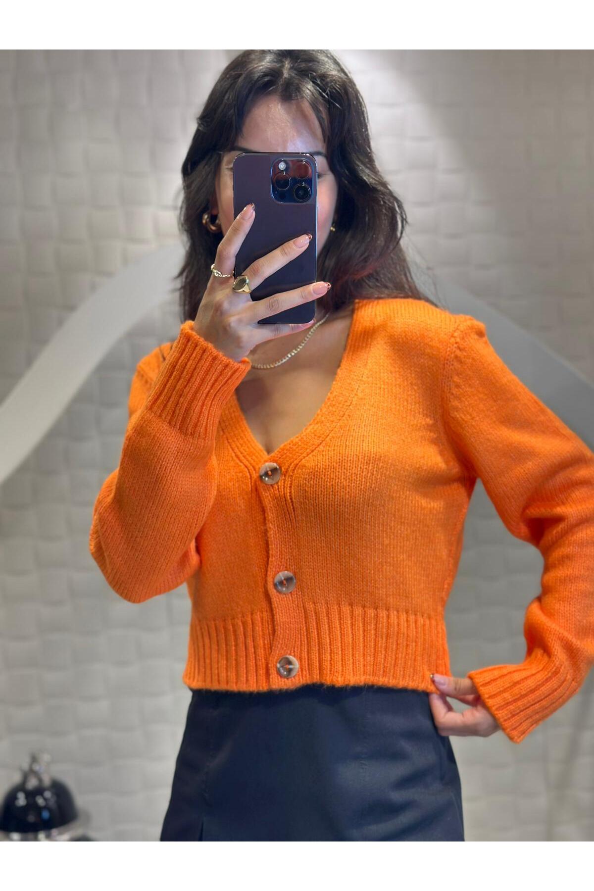 Kadın V Yaka Örgü Crop Hırka Orange