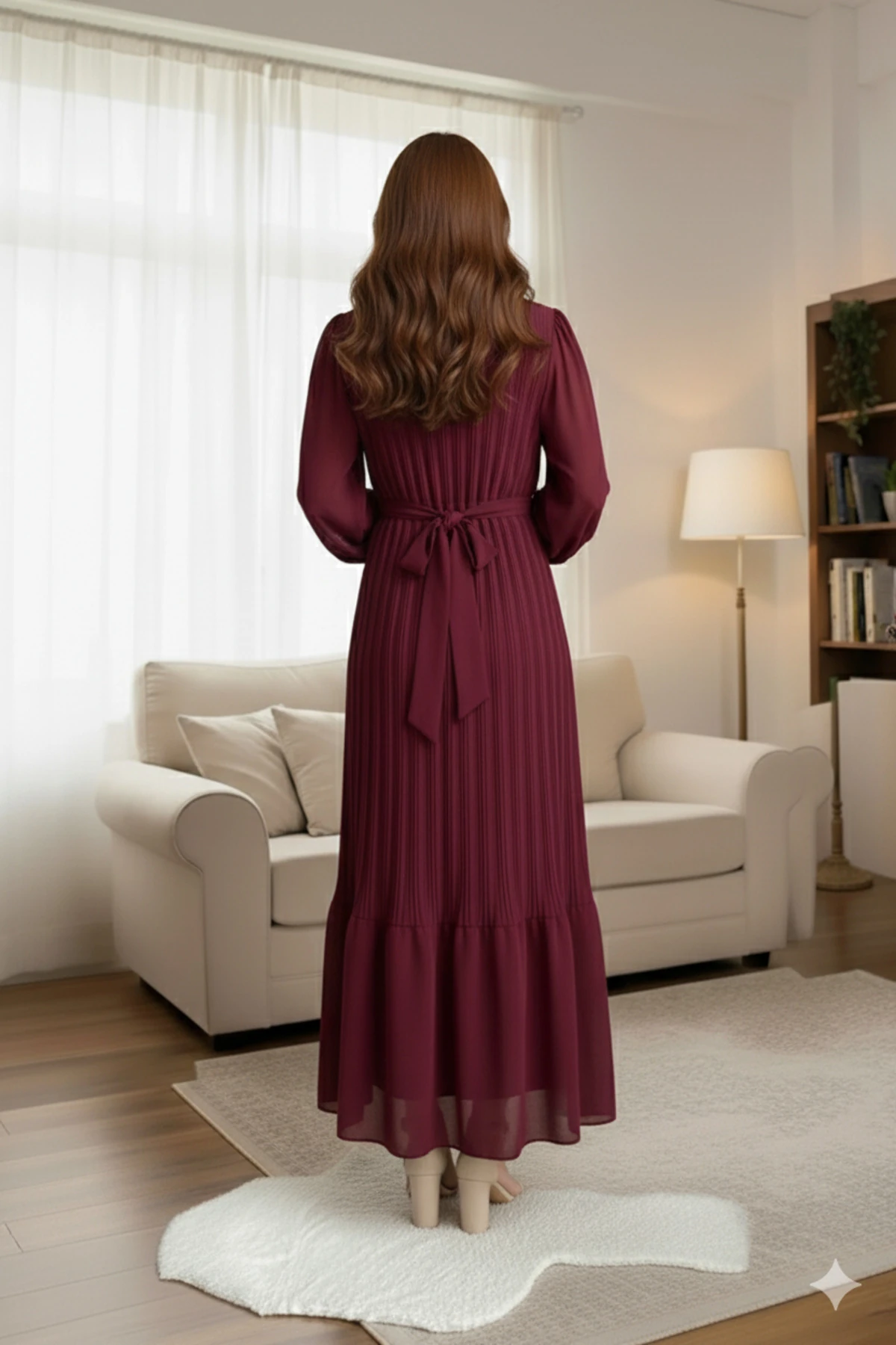 Bordo piliseli Şifon Tesettür Elbise