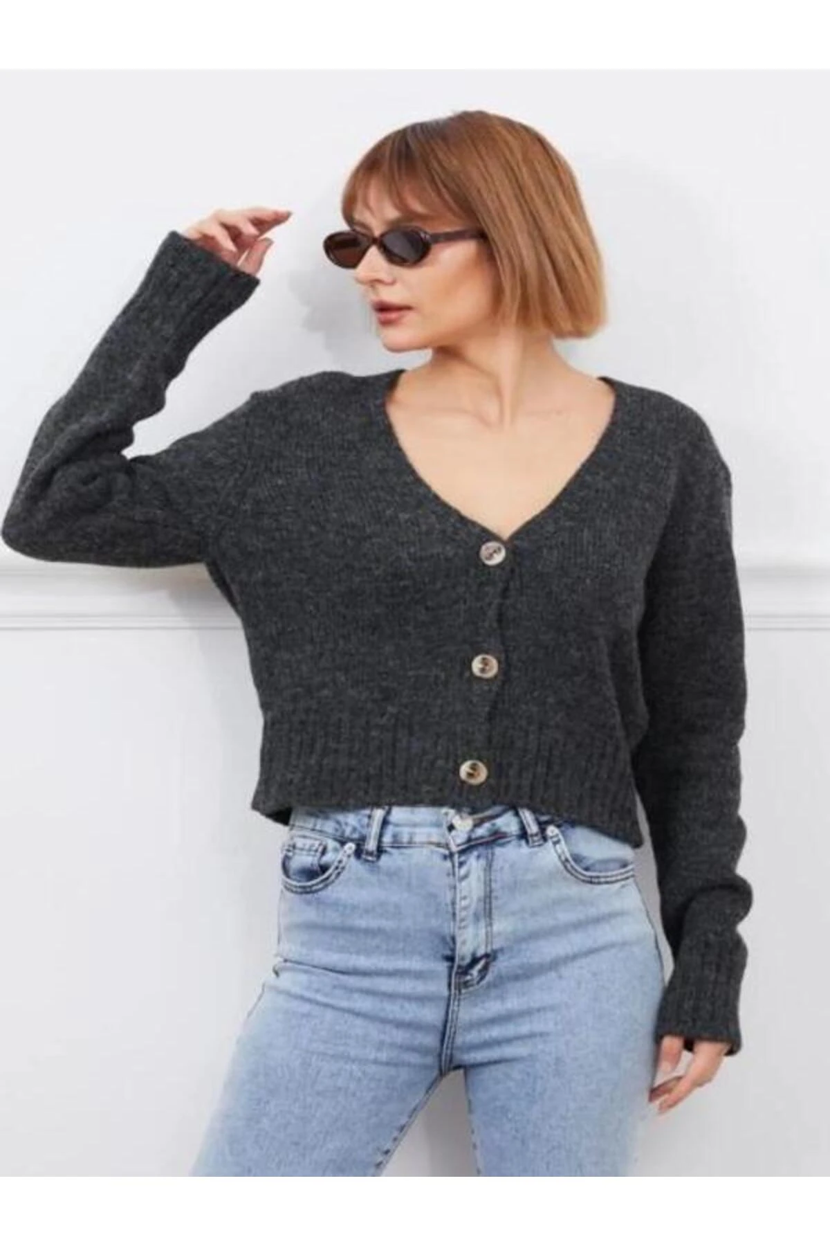 Kadın V Yaka Örgü Crop Hırka Füme