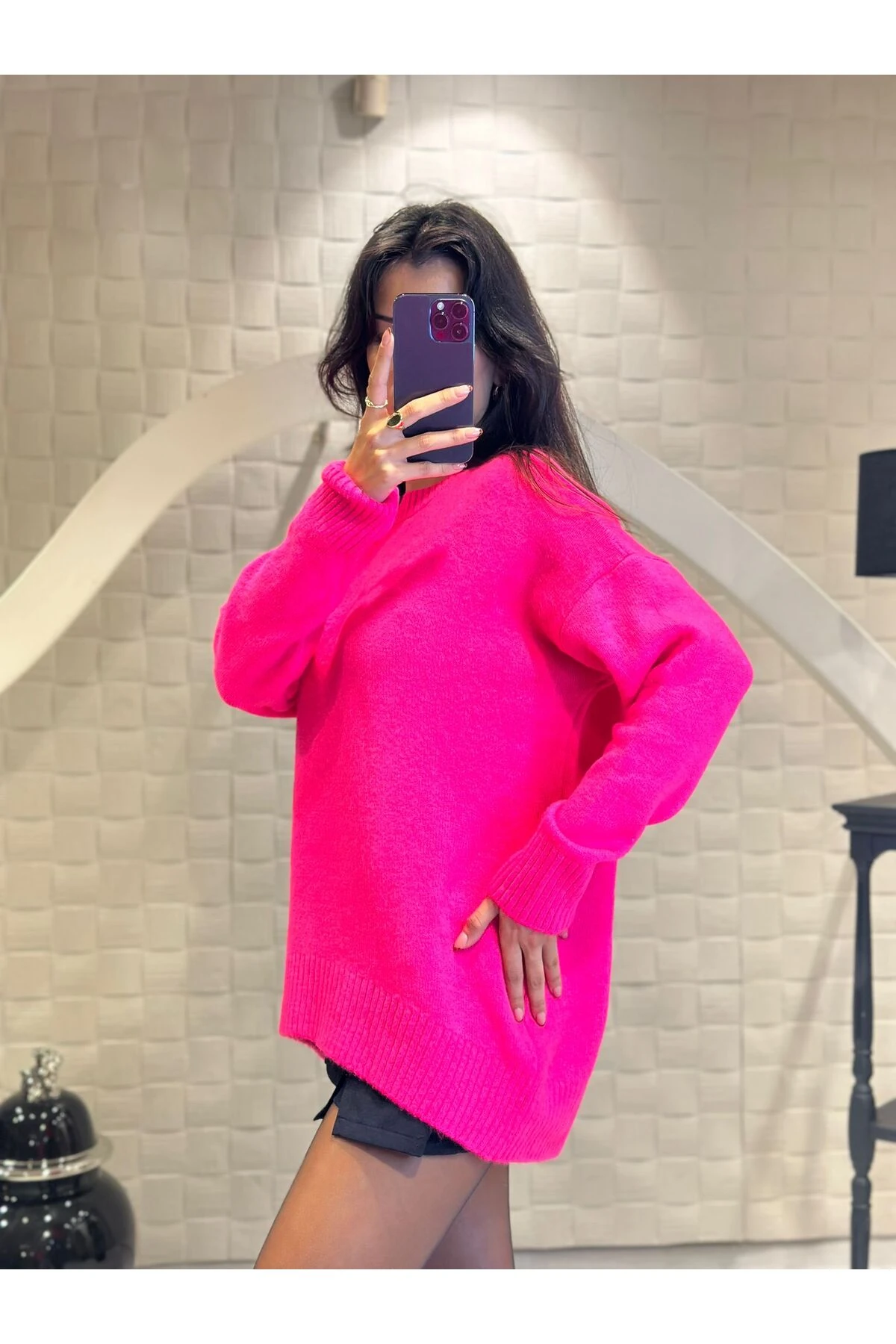 Fuşya V Yaka Oversize Triko Kazak