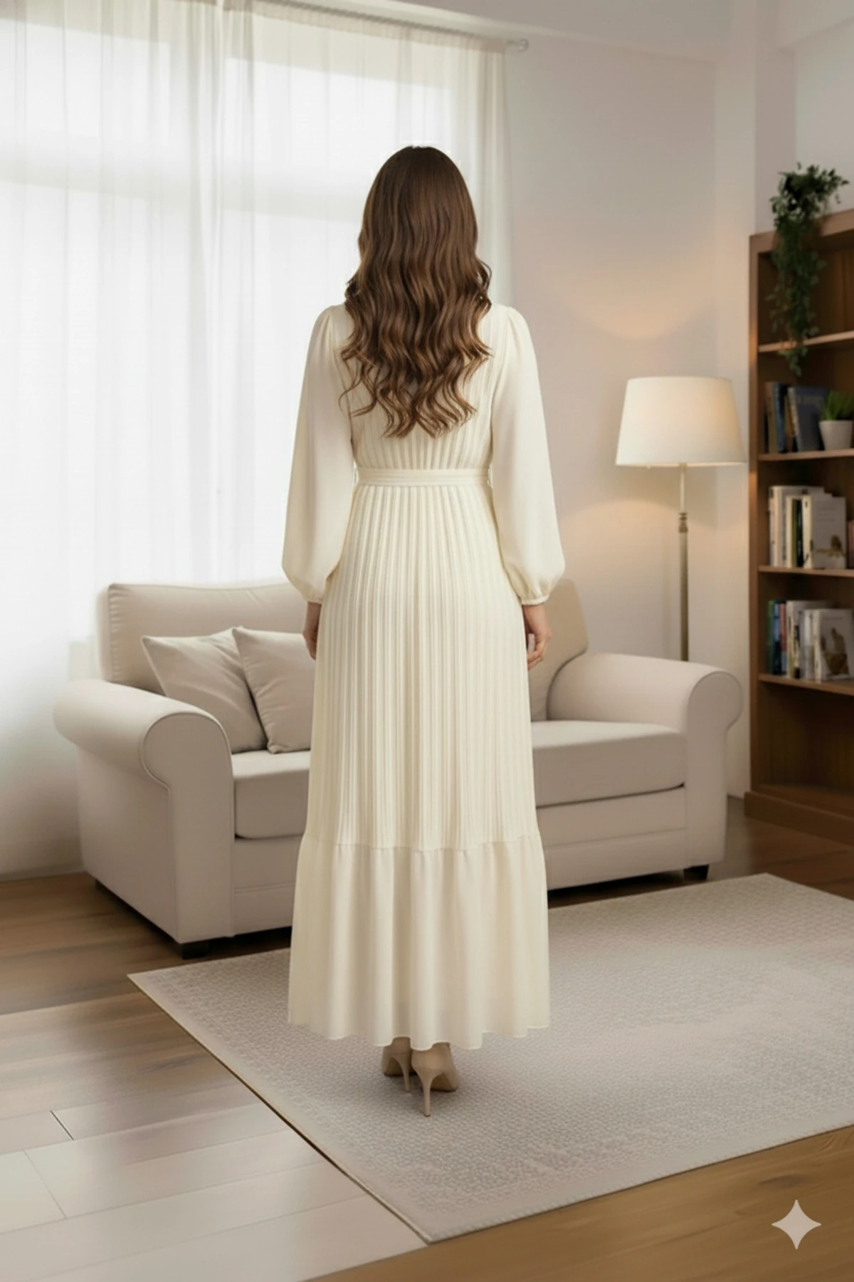 Krem Piliseli Şifon Tesettür Elbise