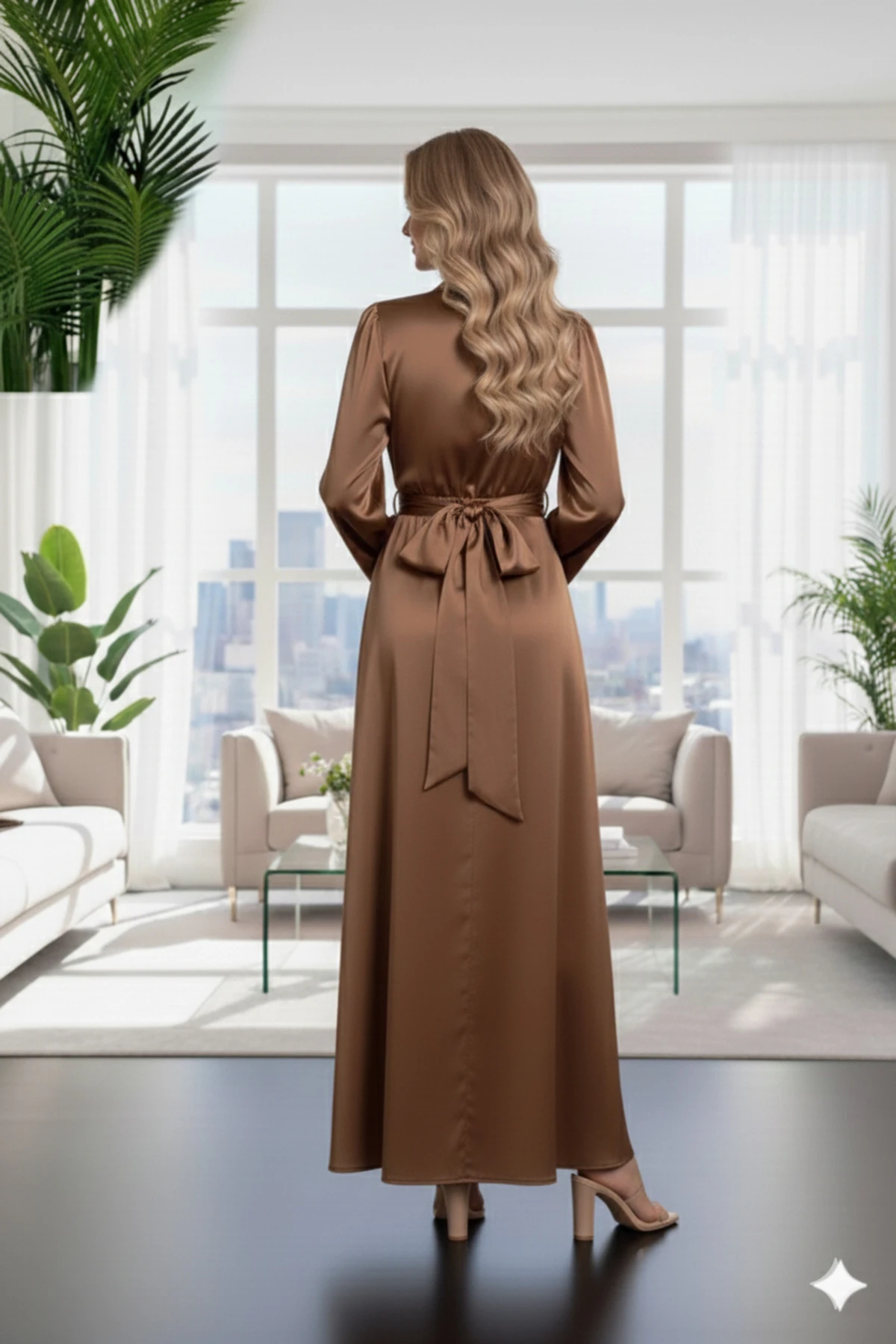 Kahve Çapraz Bağlamalı Yakası Ve Beli Büzgülü Saten Tesettür Elbise
