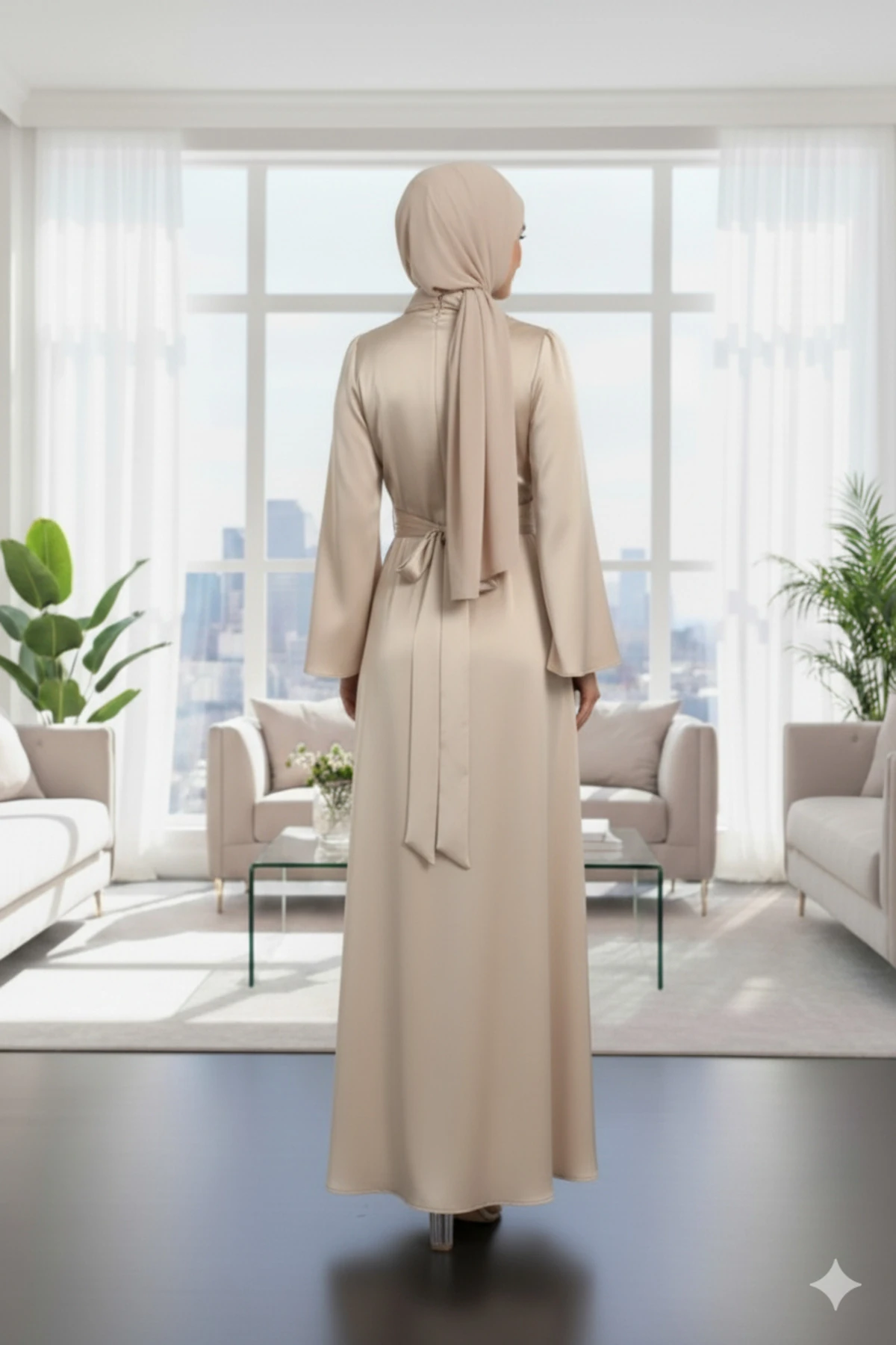 Krem Çapraz Bağlamalı Yakası Ve Beli Büzgülü Saten Tesettür Elbise