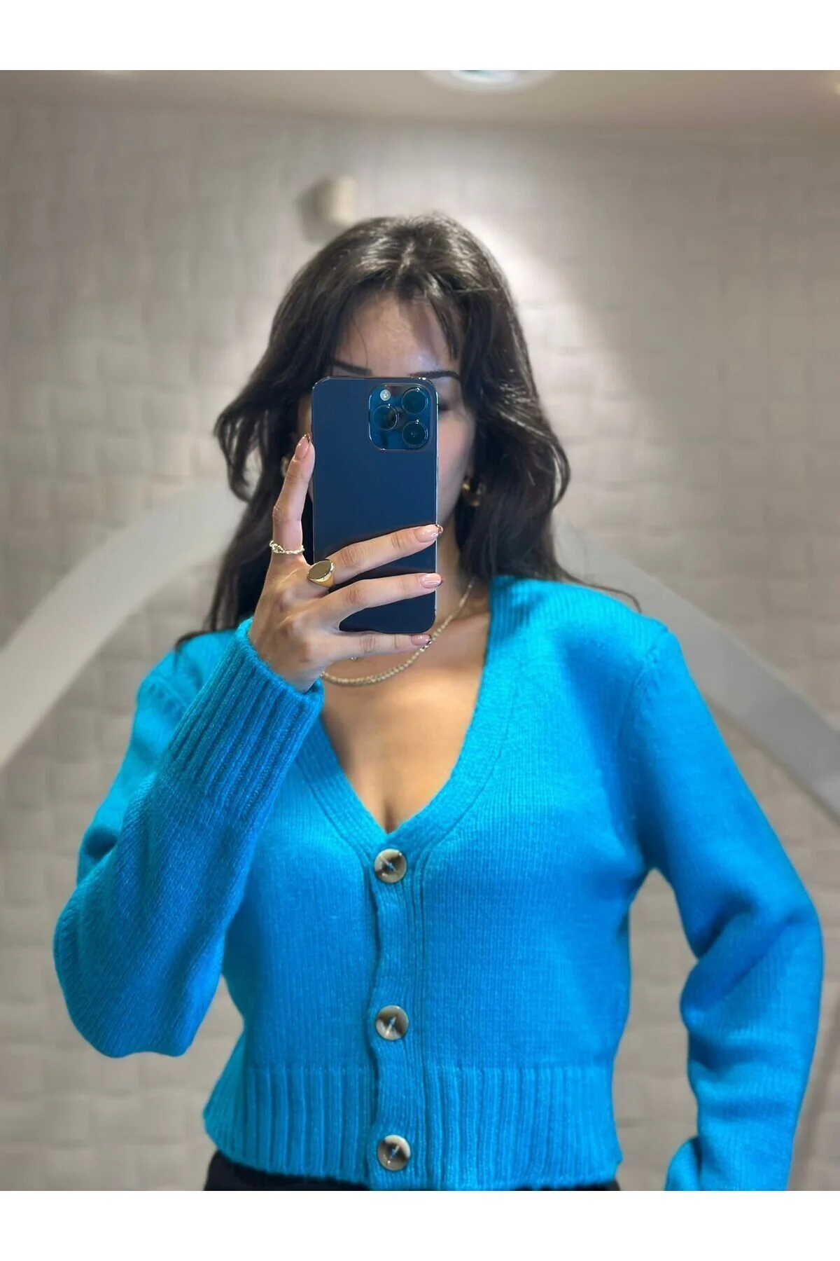 Kadın V Yaka Örgü Crop Hırka Turkuaz