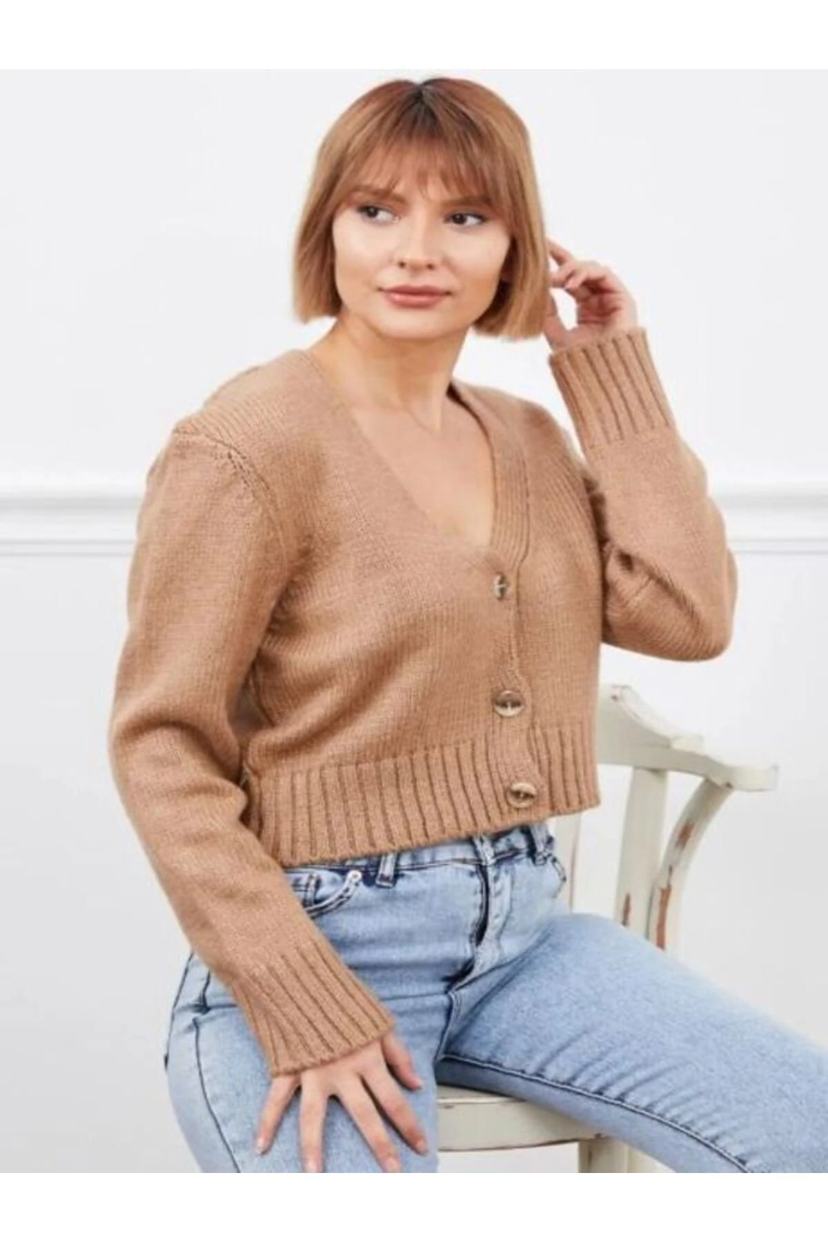 Kadın V Yaka Örgü Crop Hırka Kahve