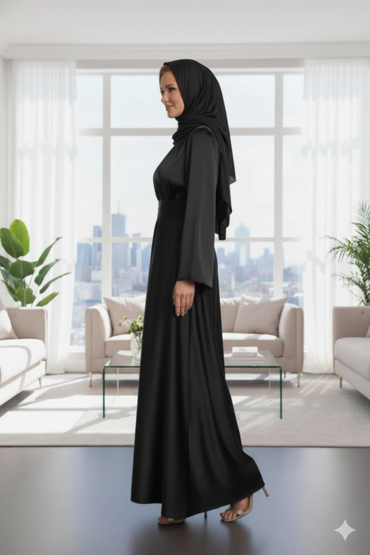 Siyah Çapraz Bağlamalı Yakası Ve Beli Büzgülü Saten Tesettür Elbise