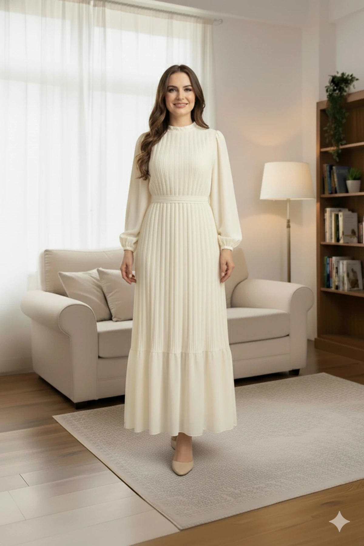 Krem Piliseli Şifon Tesettür Elbise