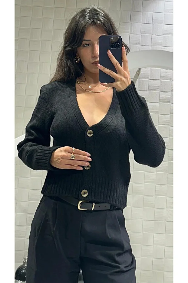 Kadın V Yaka Örgü Crop Hırka Siyah