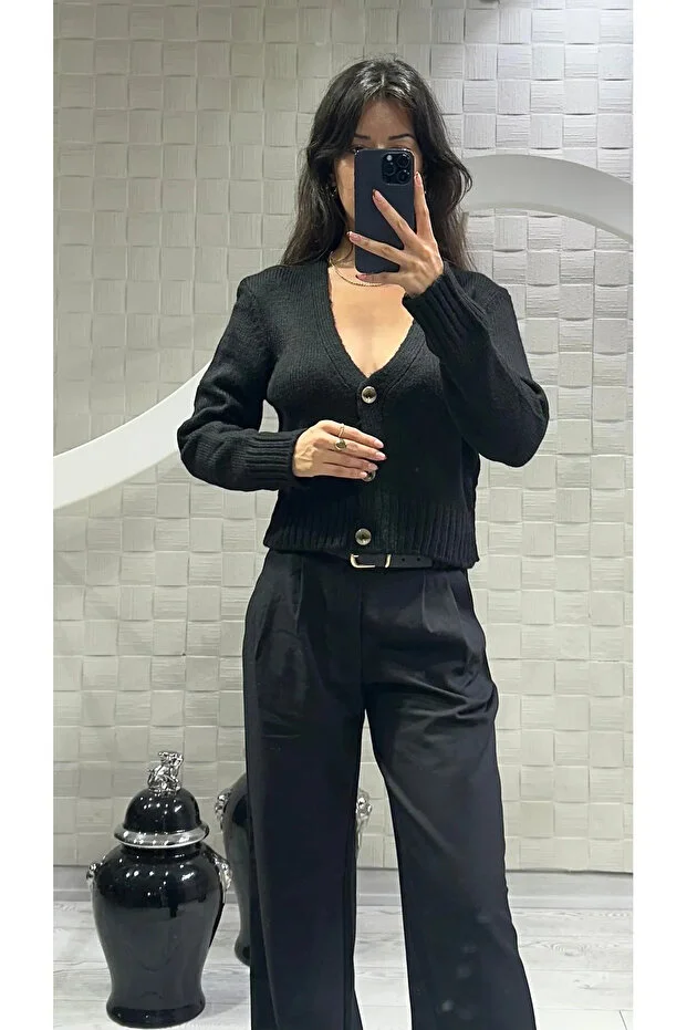 Kadın V Yaka Örgü Crop Hırka Siyah