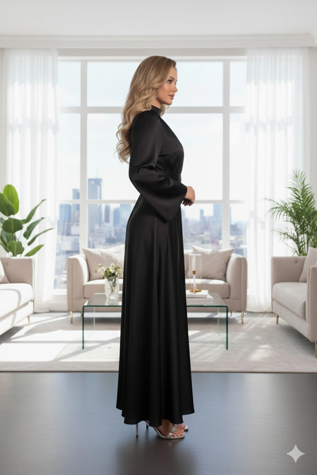 Siyah Çapraz Bağlamalı Yakası Ve Beli Büzgülü Saten Tesettür Elbise