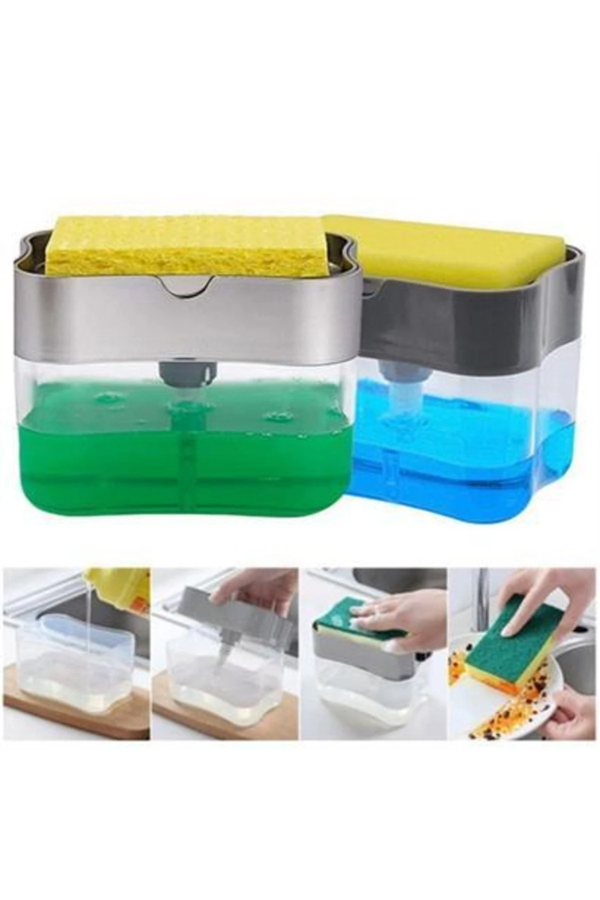 roichil® Ikisi Bir Arada Basmalı Pratik Sıvı Sabunluk Pompası Ve Bulaşık Yıkama Süngeri Haznesi